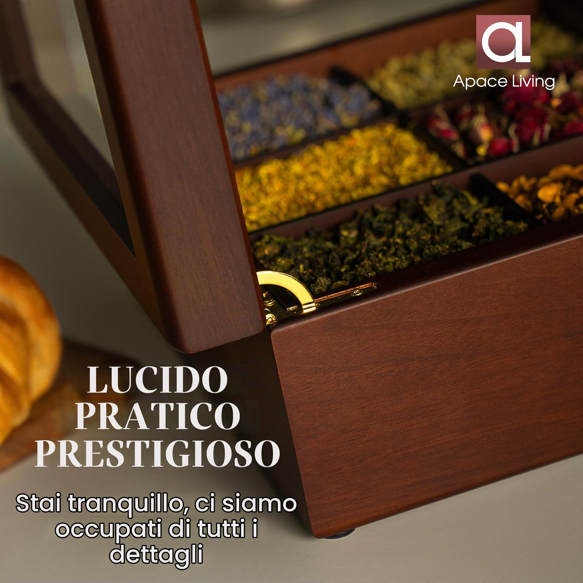 Scatola da tè – Lussuosa scatola da tè in legno della collezione Premium Cofanetto per bustine da tè scomparti regolabili, fatto a mano e con lucernario resistente ai graffi (Walnut 6-Compartment)