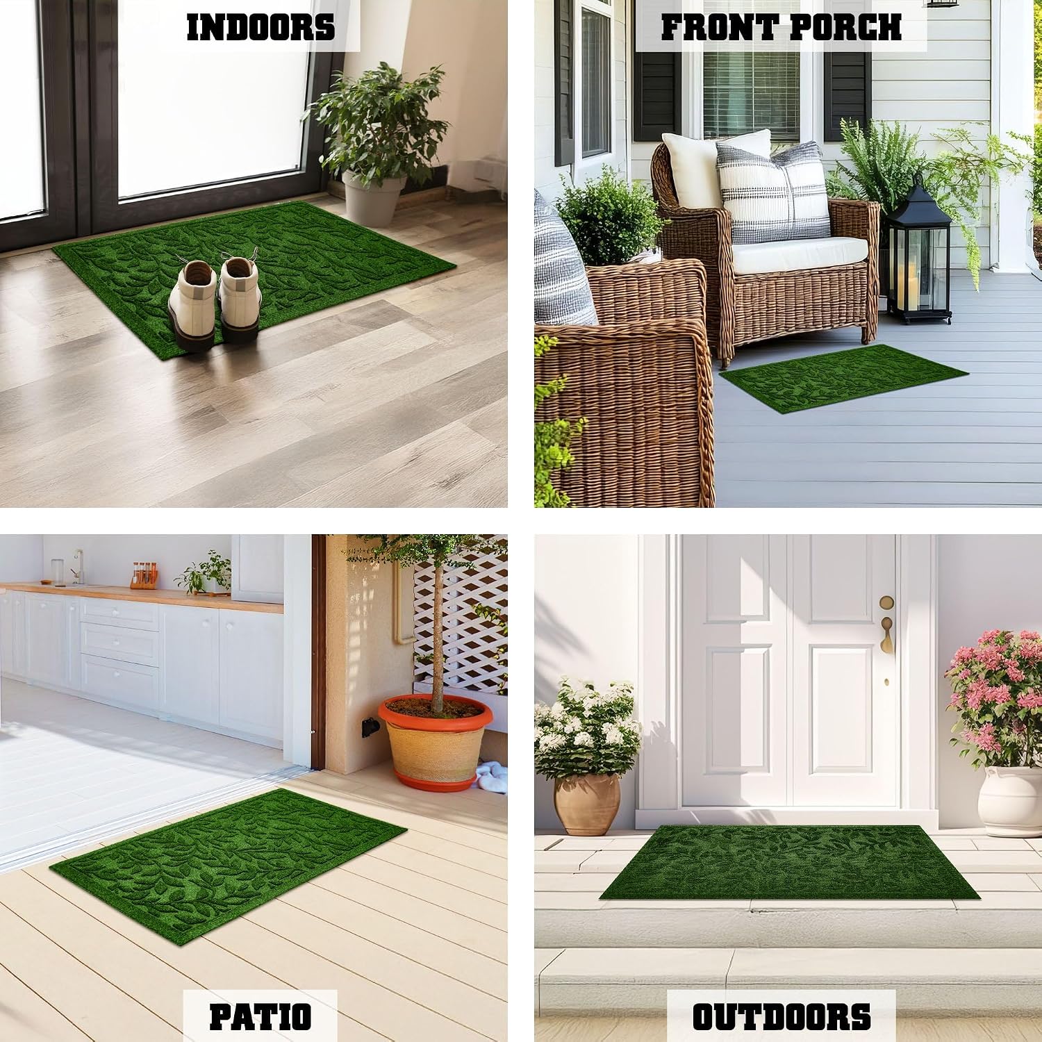 G128 Front Door Mat 29.5x17 Inch, Sturdy Door Mats for Home Entrance Outdoor Indoor, Non-Slip Rubber Backing Low Profile Mat, All Season Easy Clean Welcome Entryway Rug, Green Leaves