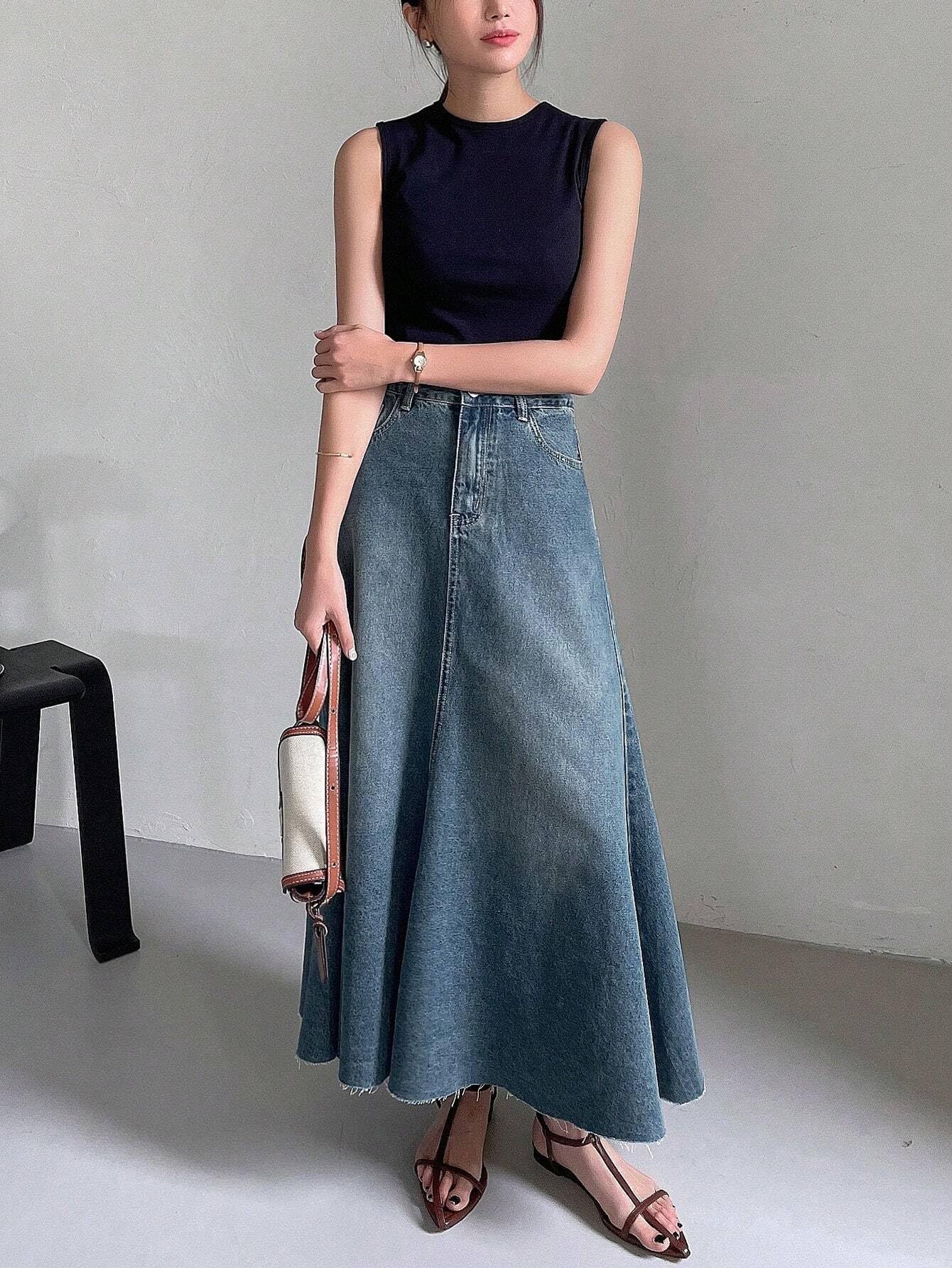 GRECIILOOKS Jupe en jean blanche taille haute avec fente sur le devant - Jupe longue décontractée en jean élégante pour femme