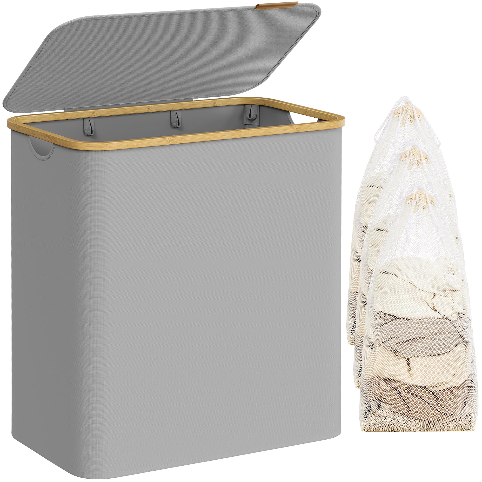 SONGMICS Laundry Hamper with Lid, 3-Section Large Laundry Basket, 52.8-gallon (150L), Removable Mesh Liner, Bamboo Handles, Collapsible, 23.6 x 15.2 x 27.8 Inches, Dove Gray ULCB515G01
