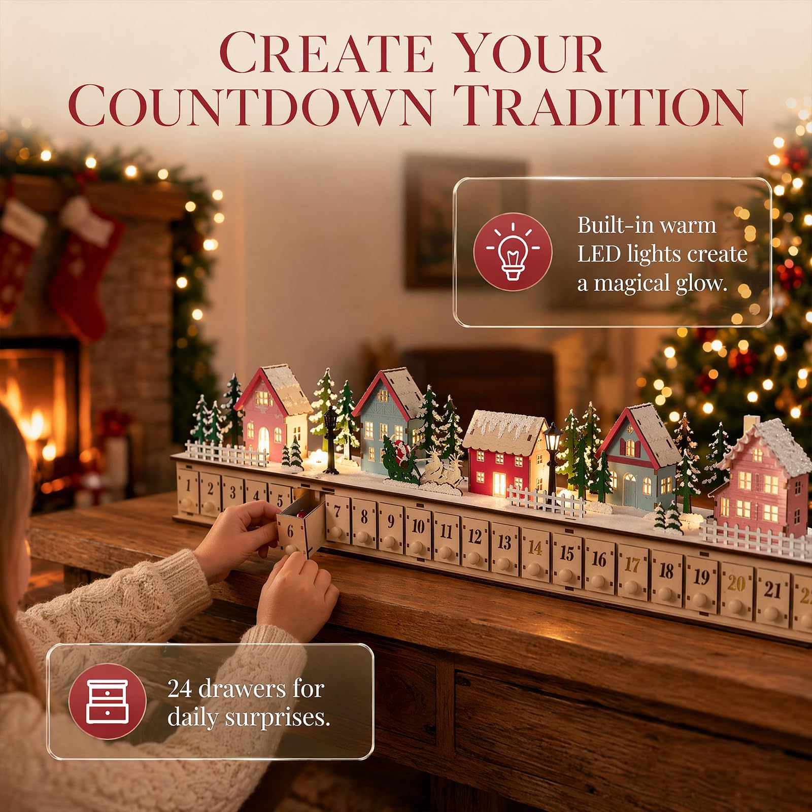 Calendario dell'Avvento in legno con villaggio di Natale luminoso, a batteria, decorazione natalizia con 24 cassetti riempibili, decorazione per conto alla rovescia per 24 giorni, decorazione