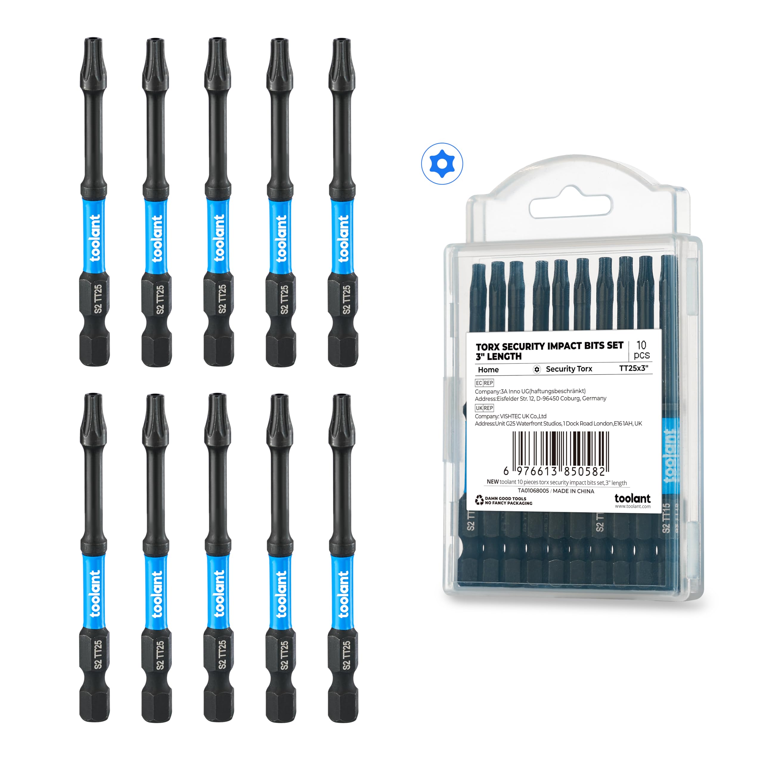 toolant 10PCS 3" Impact Torx Bit Set TT25 S2 Steel Security Torx