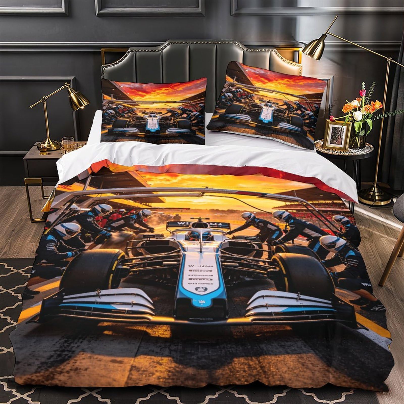 3U6C4M9K Formulaa Racing Bedding Set Single（140x200cm） Pit Stop Duvet Cover Set with Pillowcases, Soft Microfiber Comforter Cover for Boys, Girls, Adults