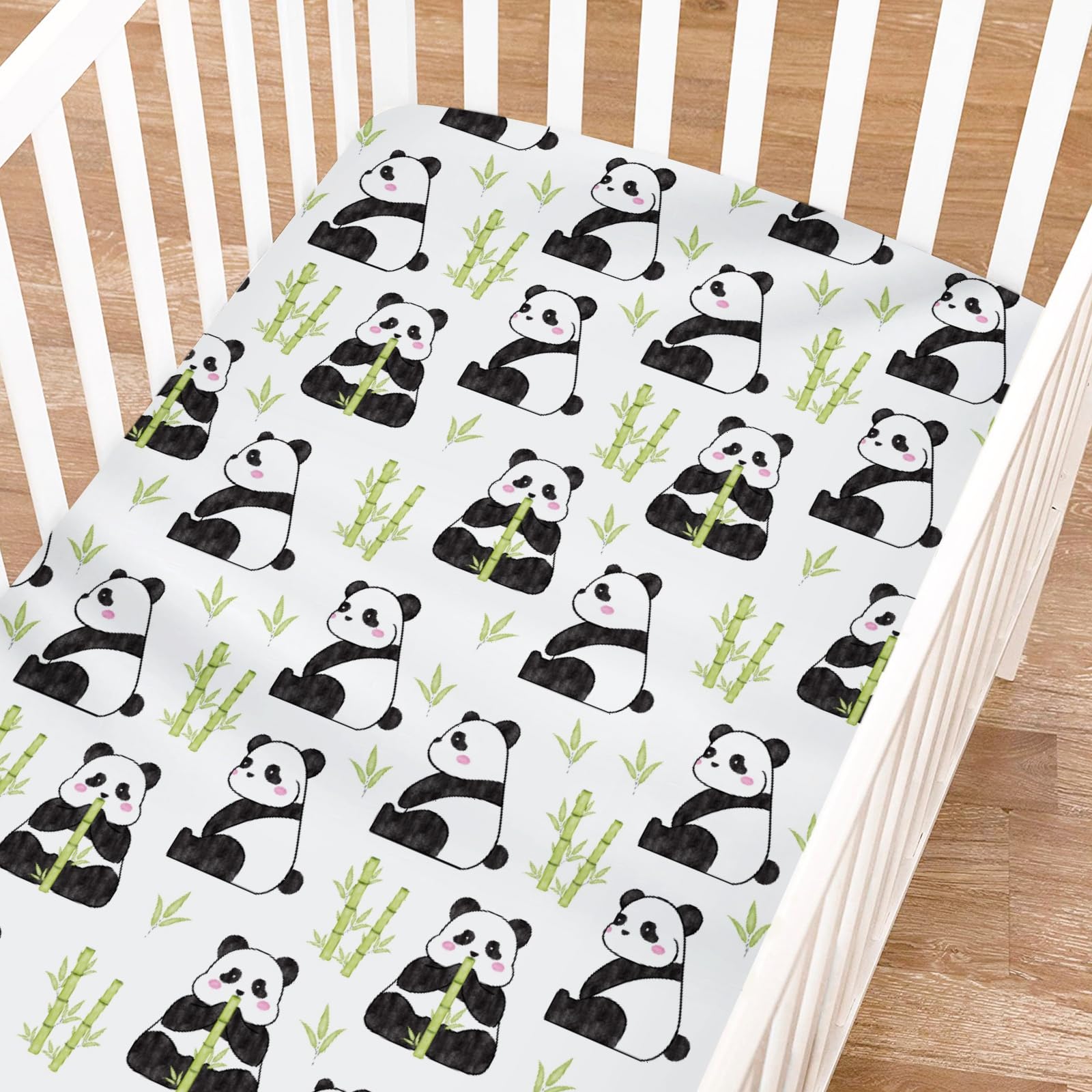 Cartoon Panda Green Leaves Baby Crib Sheets for Boy Girl 52"x28" Cute Bear Animals Soft Breathable Unisex Fitted Nursery Baby Bed Sheet Fits Standard Crib and Toddler Bed Mattresses