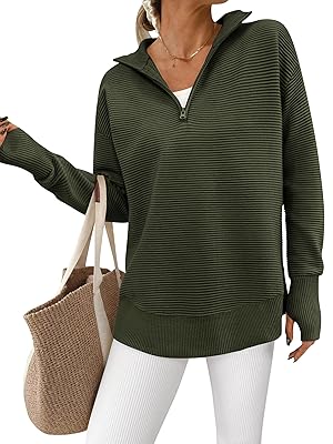 PRETTYGARDEN Womens Long Sleeve Quarter Zip Pullover Sweater Casual Loose V Neck Collared Ribbed Knit Jumper Tops Thumb Hole