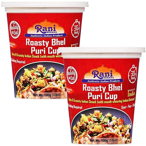 Rani Roasty Bhel Puri Cup (bocadillo indio picante y crujiente con deliciosos chutneys indios) 3.5 oz (100 g), paquete de 2 Listo para comer