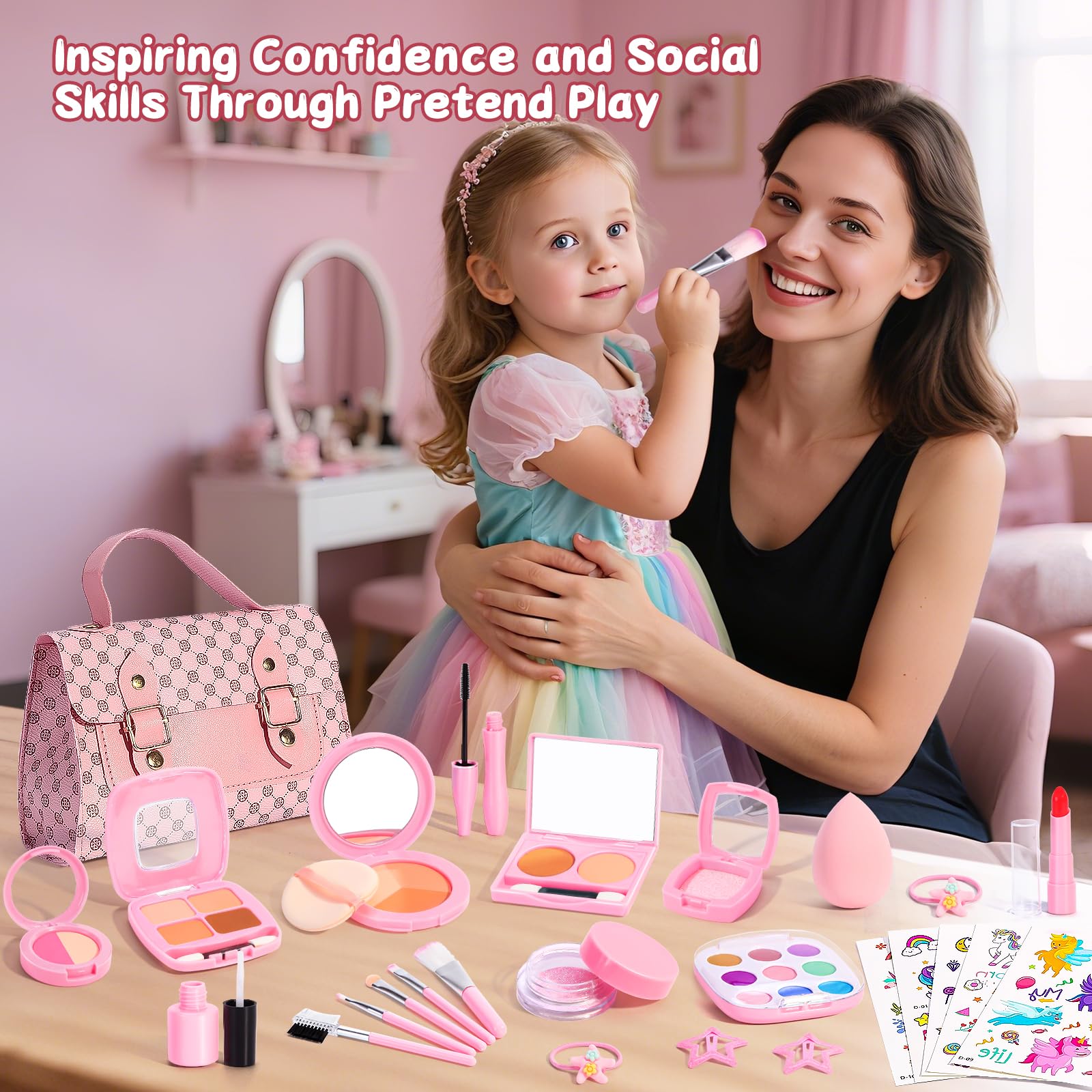 Juego de maquillaje para niños de 3 a 5 años, kit de maquillaje falso para niños pequeños, kits de maquillaje para niñas pequeñas de 4 a 6, juguetes de maquillaje falsos para regalo de cumpleaños 7