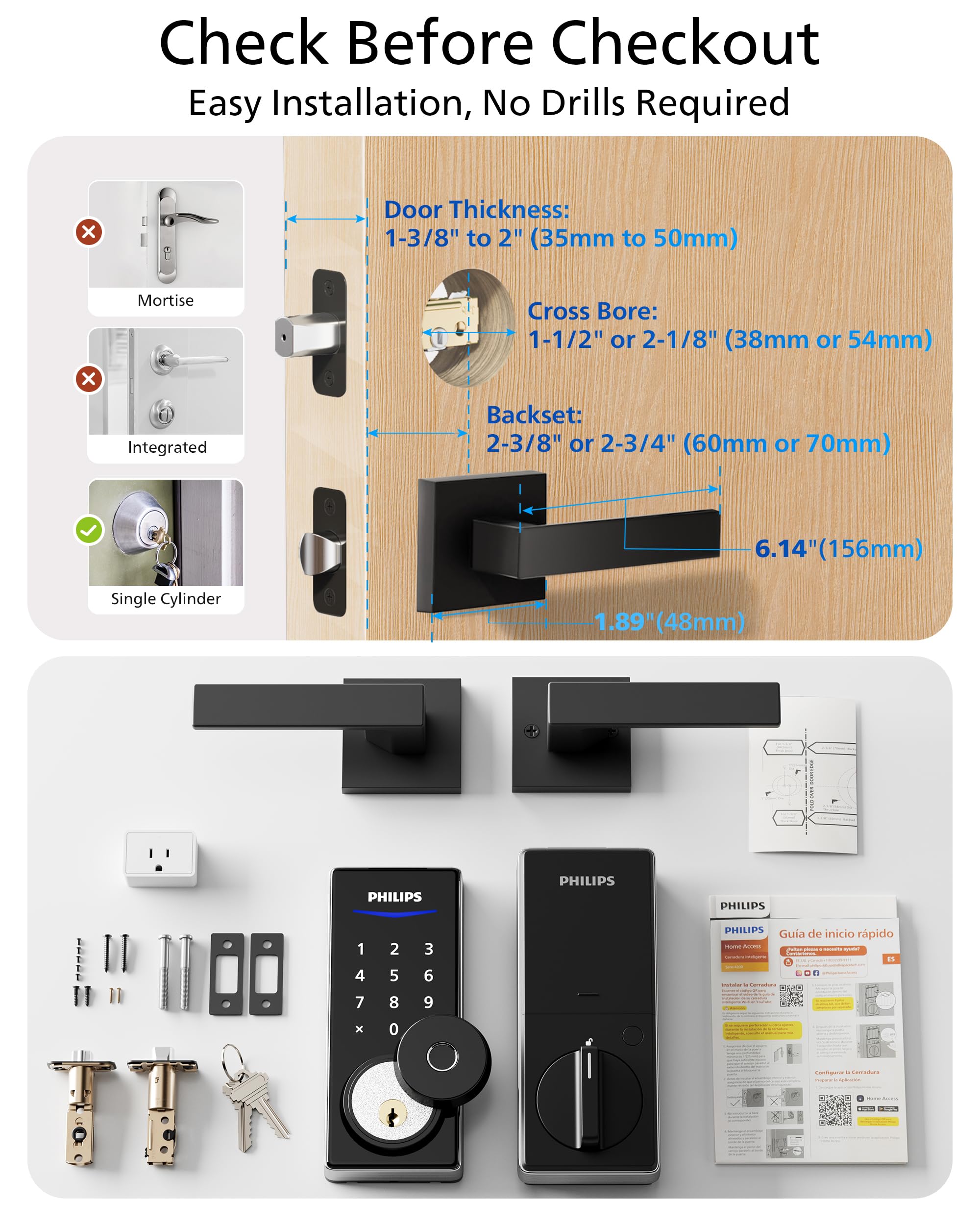 Philips WiFi Smart Lock with Handle, Fingerprint Keyless Entry Door Lock with WiFi Bridge, Smart Locks for Front Door with Handle Set, APP Remote Control, Work with Alexa&Google Assistant, Auto-Lock