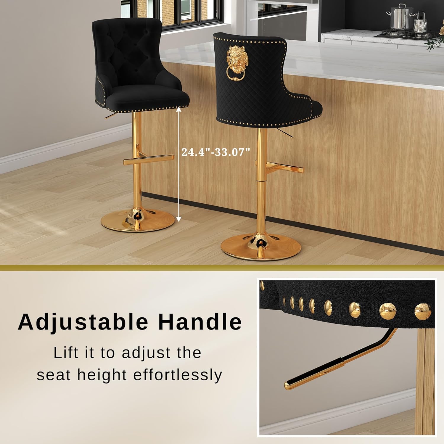 Velvet Bar Stool Set of 4 with Golden Lion Pull Ring