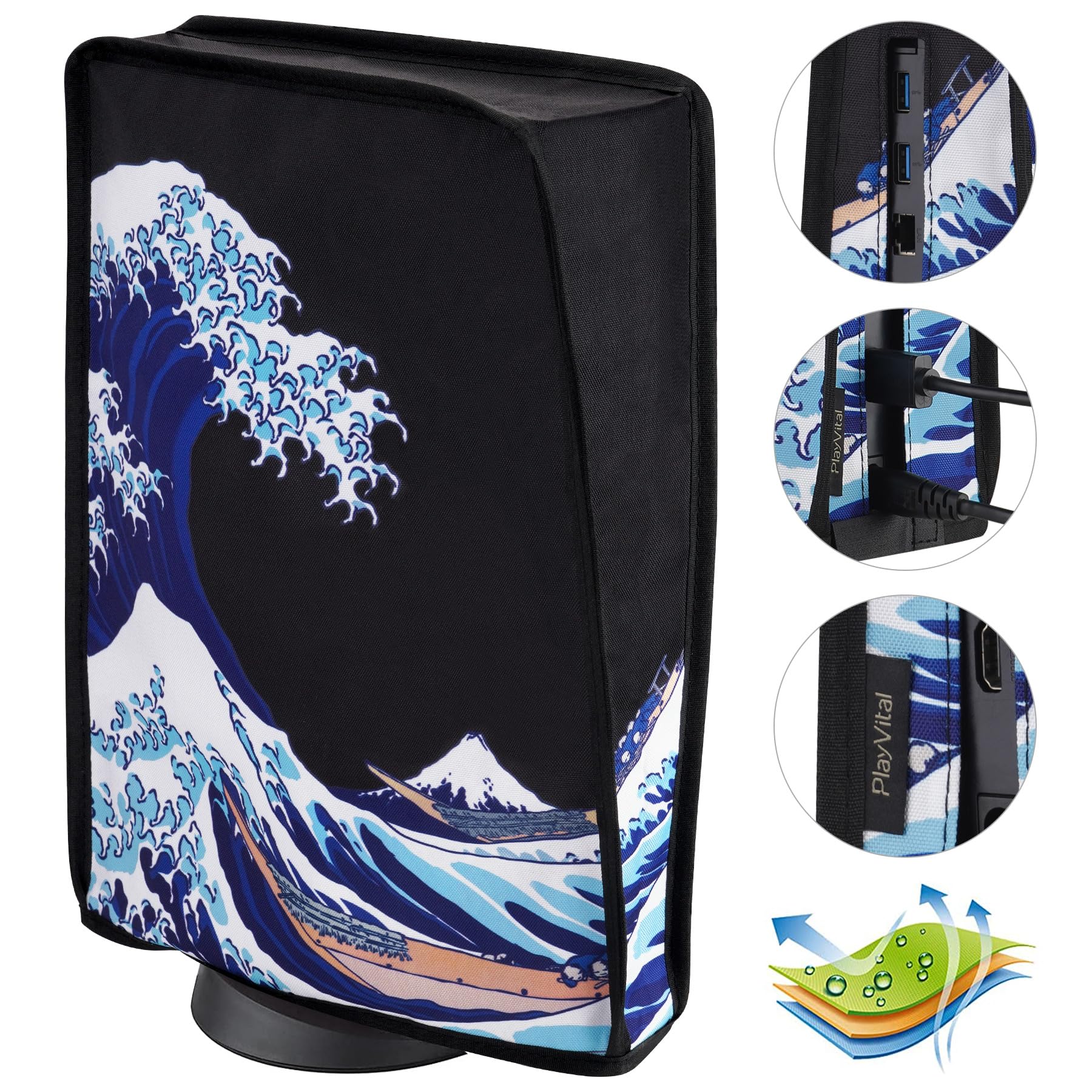 PlayVital Cover per ps5 Console, Copertura Antipolvere Impermeabile Verticale in Nylon per ps5 Standard Console Disc&Digital Edition (Non per Slim/Pro),Grande Onda Nera