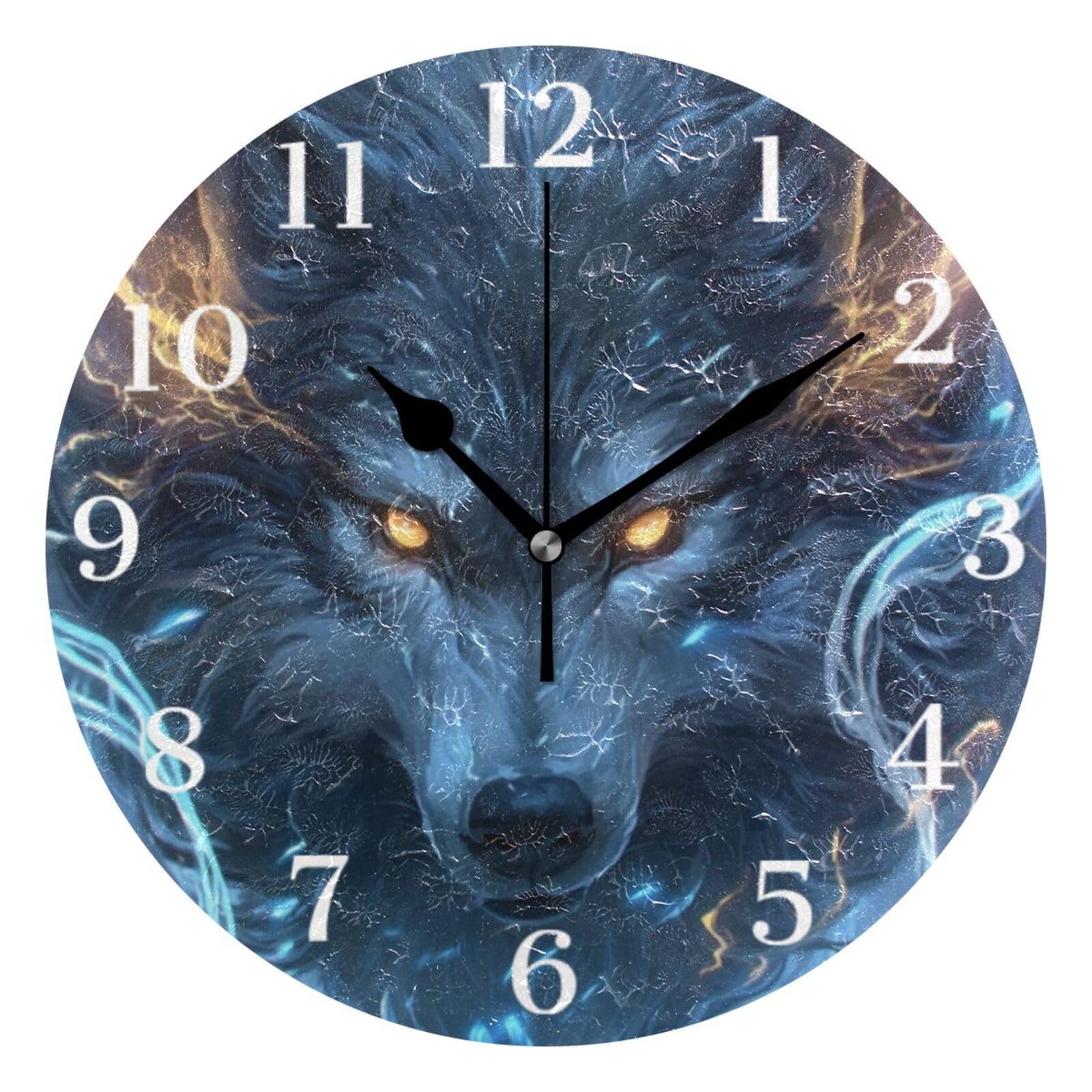Ensound Blue Glowing Wolf Wall Clock Silent Non-Ticking Battery Operated Clocks 12 Inch for Kitchen Home Living Room