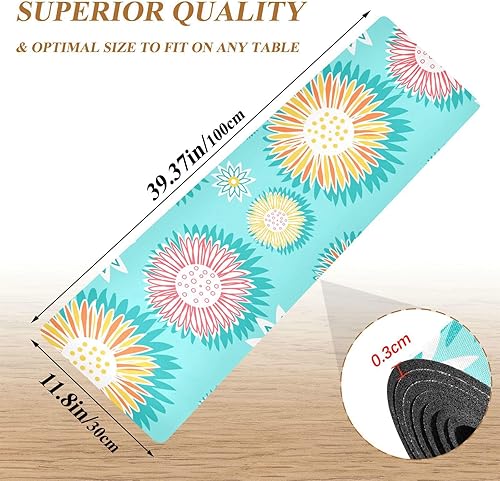 Miniatura 2 de Colorful Flowers Blue Long Trivets for Hot Pots and Pans, Heat Resistant Pad and Waterproof Table Runner for Farmhouse 39.40" X 11.80", Easy to Clean