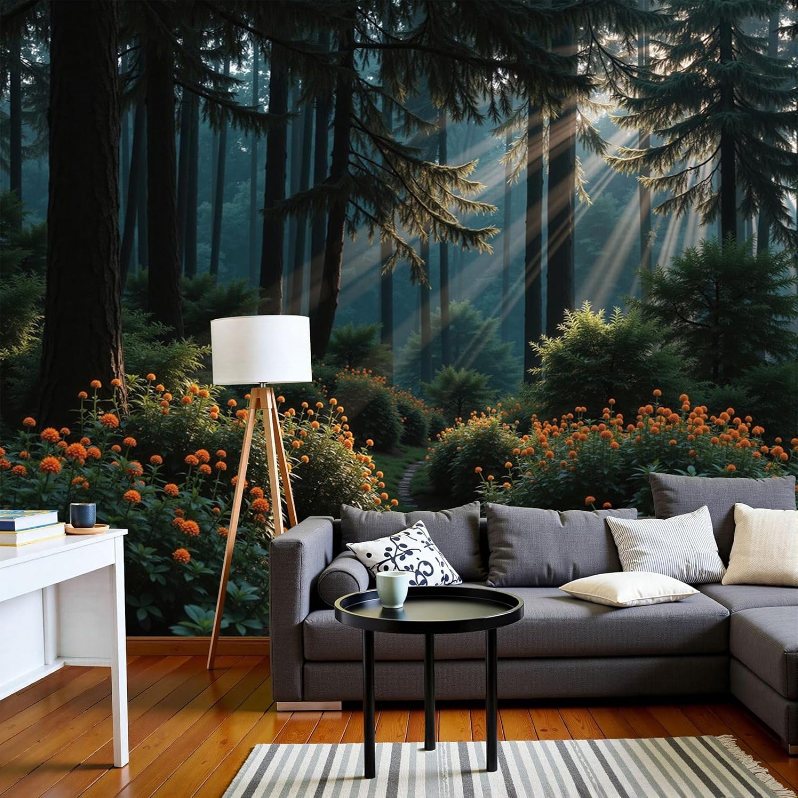 Non-woven photo wallpaper, shrubs and flowers, 3D effect, nature forest for living room and bedroom, dark green wall mural for wall decoration, 200cm x 140cm stickers - frameless painting - poster