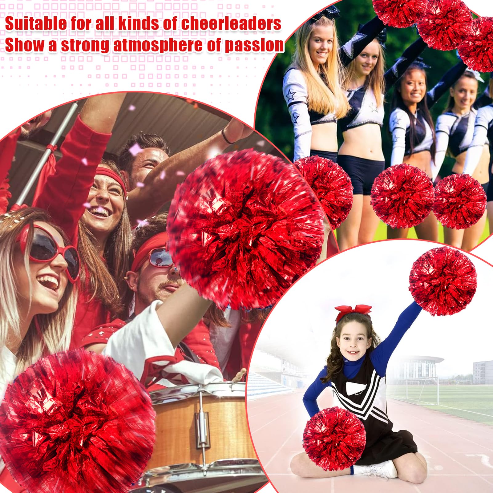 3 Piezas Pompoms Animadoras, Pompones de Animadora con Asas, Pompones Animadora, Cheerleader Pompom para Deportes Team Spirit Cheering Reemplazo para Fiestas Pompones Deportivos (Rojo) — view 7