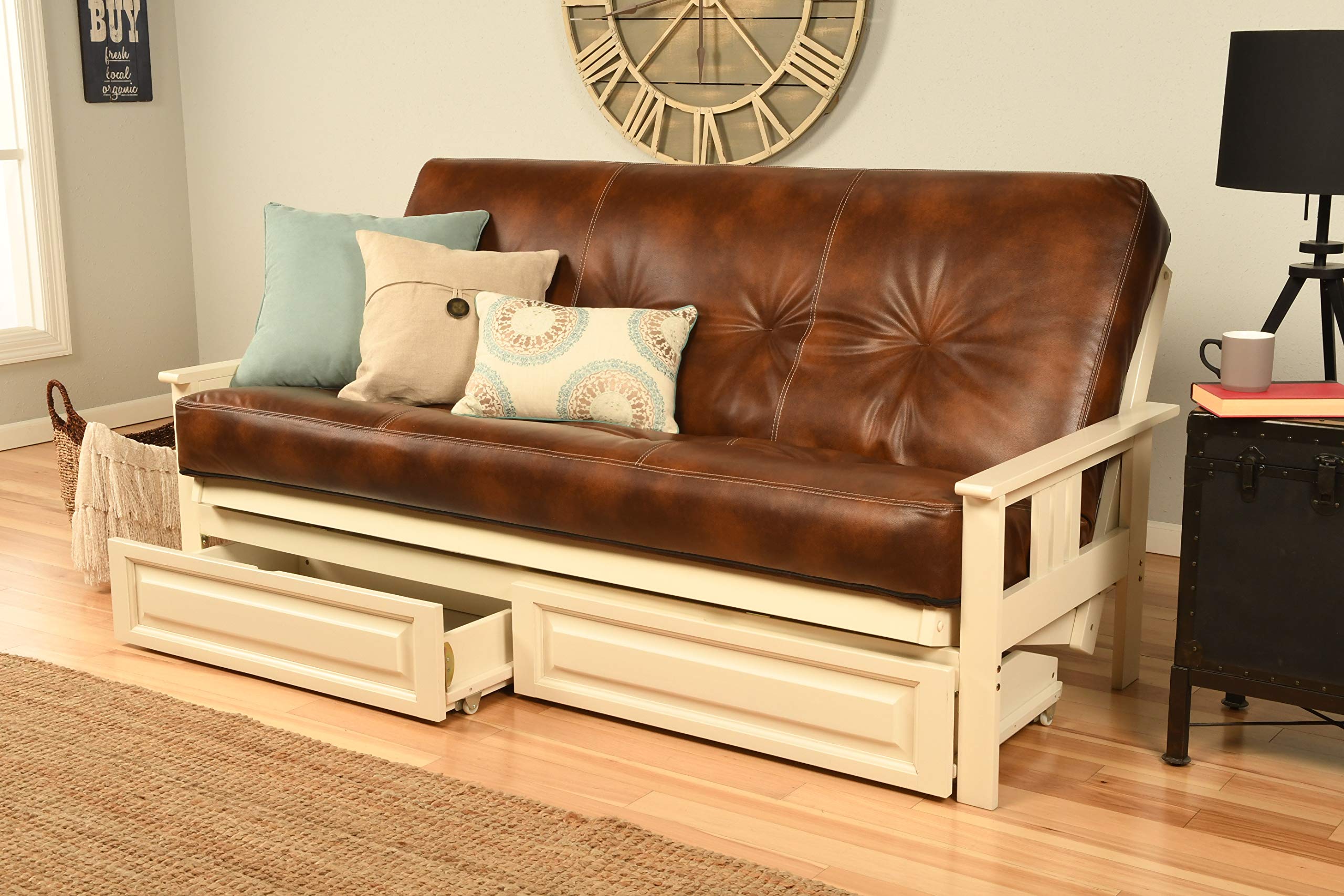 Kodiak Furniture Monterey Futon Set with Storage Drawers, with Antique White Base and Oregon Trail Saddle Mattress