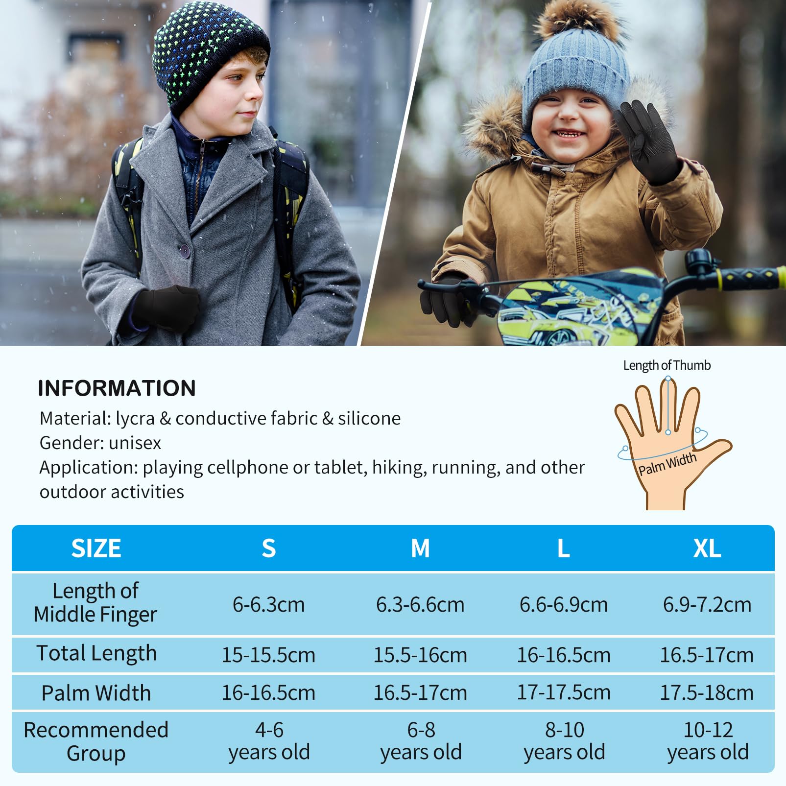 Rękawiczki rowerowe dla dzieci, do obsługi ekranów dotykowych, zimowe, sportowe, dla dzieci, chłopców, ciepłe, wiatroszczelne, do jazdy na świeżym powietrzu, 4-12 lat