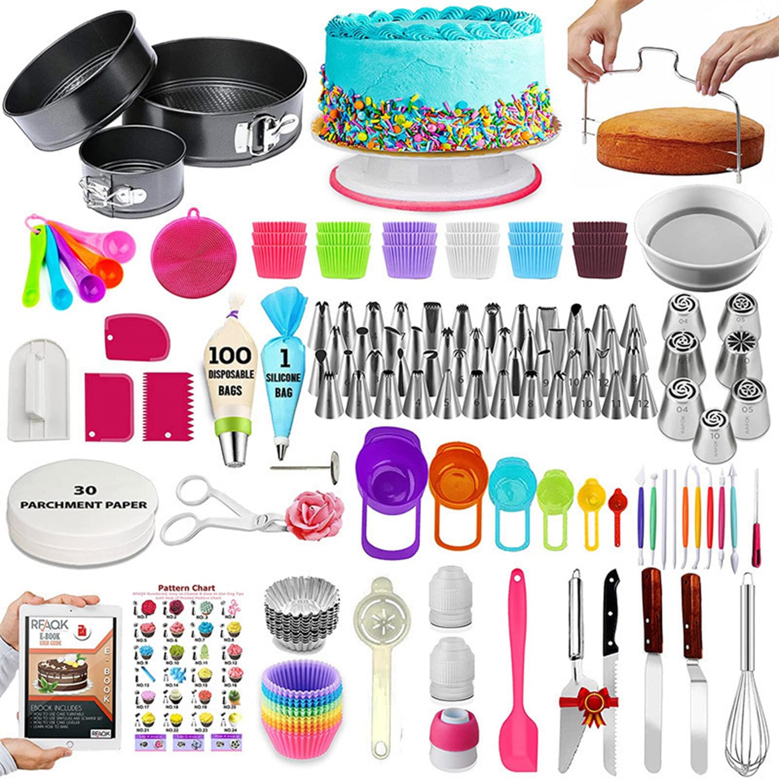 QSWLHLYY Cake Decorating Kit with Rotating Turntable, Non-Stick Cake Pans, Piping Tips, Spatulas, Scrapers & Silicone Cupcake Liners - Complete Baking Supplies for Beginners & Home Bakers 360PCS
