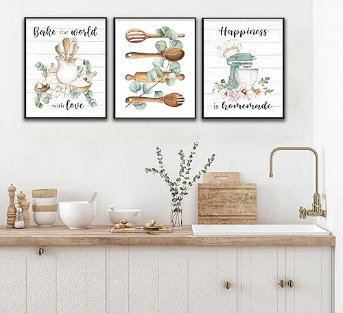 Miniatura 5 de 3 piezas de arte de pared de cocina de granja, decoración de comedor, flores rústicas, pintura de hojas de eucalipto, impresiones en lienzo,