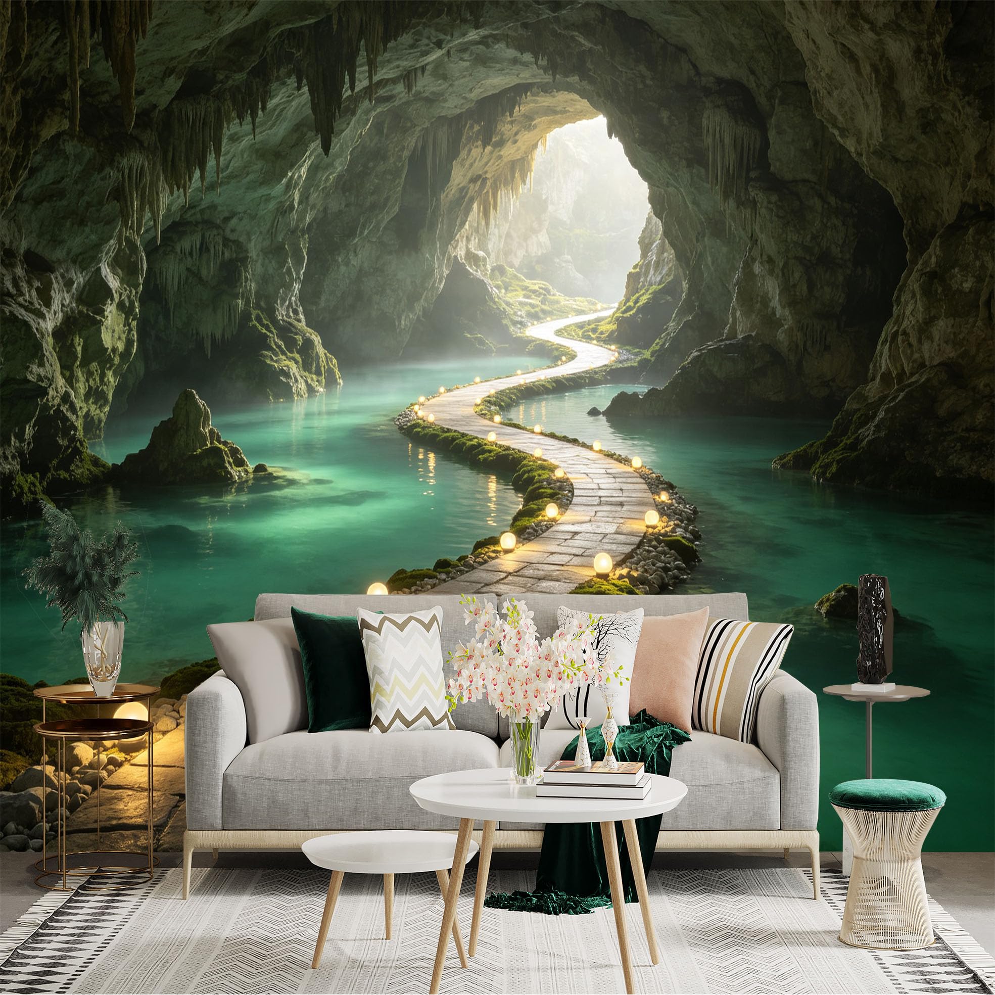 Custom Size Wall Sticker Mural， Enchanting Limestone Cave with Glowing Pathway， Underground River， Serene Nature Landscape， for wall Decoration， peelandstick wall Decals.