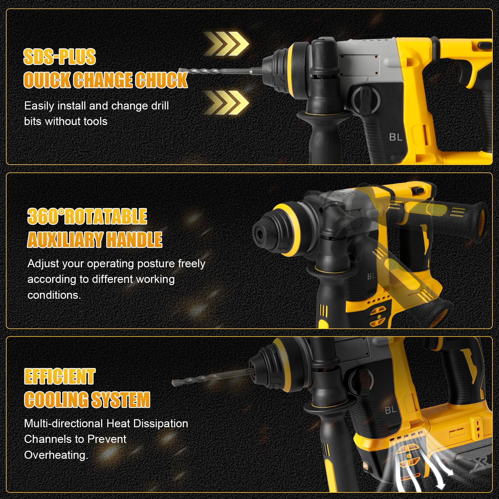1250W Hammer de forage 2-en-1 pour 22 mm DeWalt 20V batterie(sans batterie) | Roadtime brosse sans vitesse du marteau 3500rpm,3 J percussion machine avec 3x broche SDS PLUS