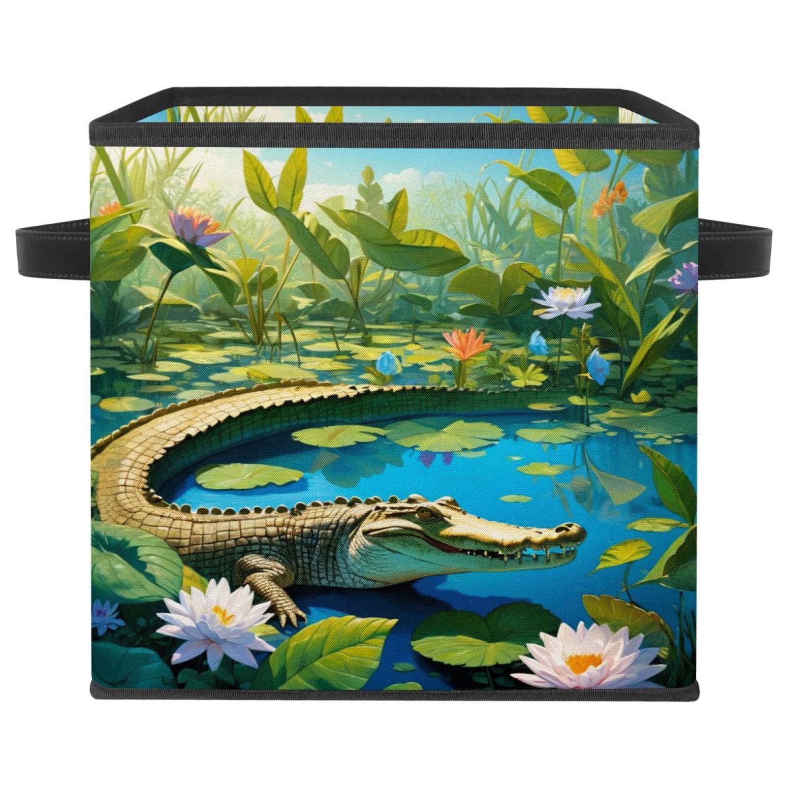 Grand cube de rangement pliable avec poignées en cuir motif crocodile mignon et fleur pour maison