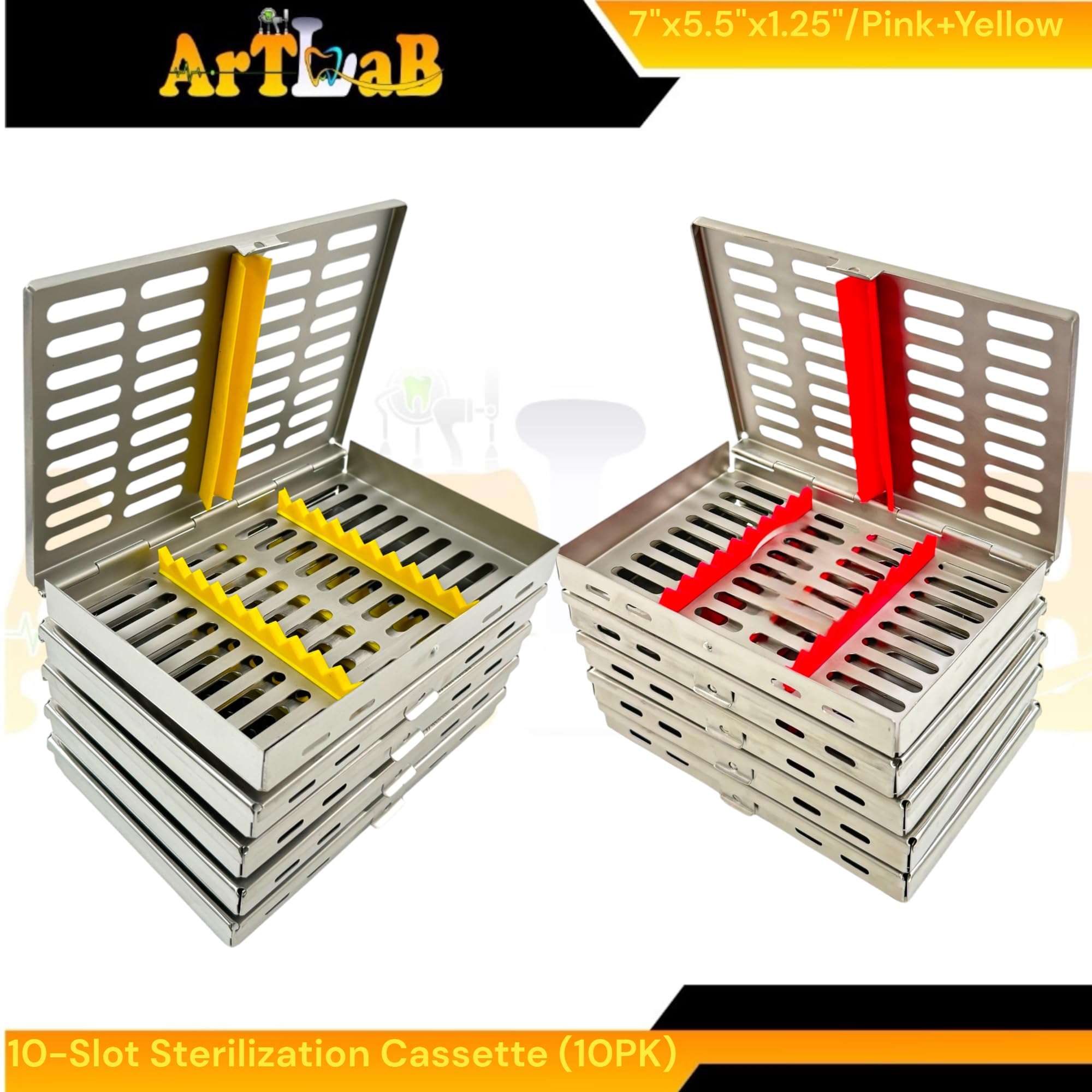 Dental Instrument Sterilization Cassette Boxes - Fits 10 Instruments Simultaneously - Removable Pink & Yellow Silicone Inserts - Lot of 10pcs