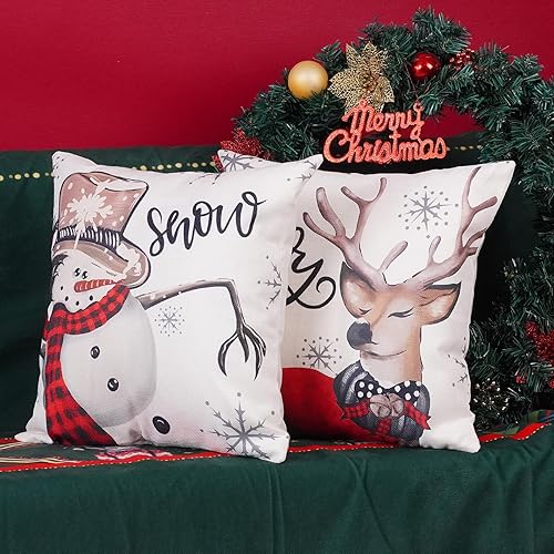 Miniatura 3 de ONWAY Juego de 4 fundas de almohada de rayas navideñas de 18 x 18 pulgadas, juego de 4 fundas de almohada de muñeco de nieve y renos con rayas
