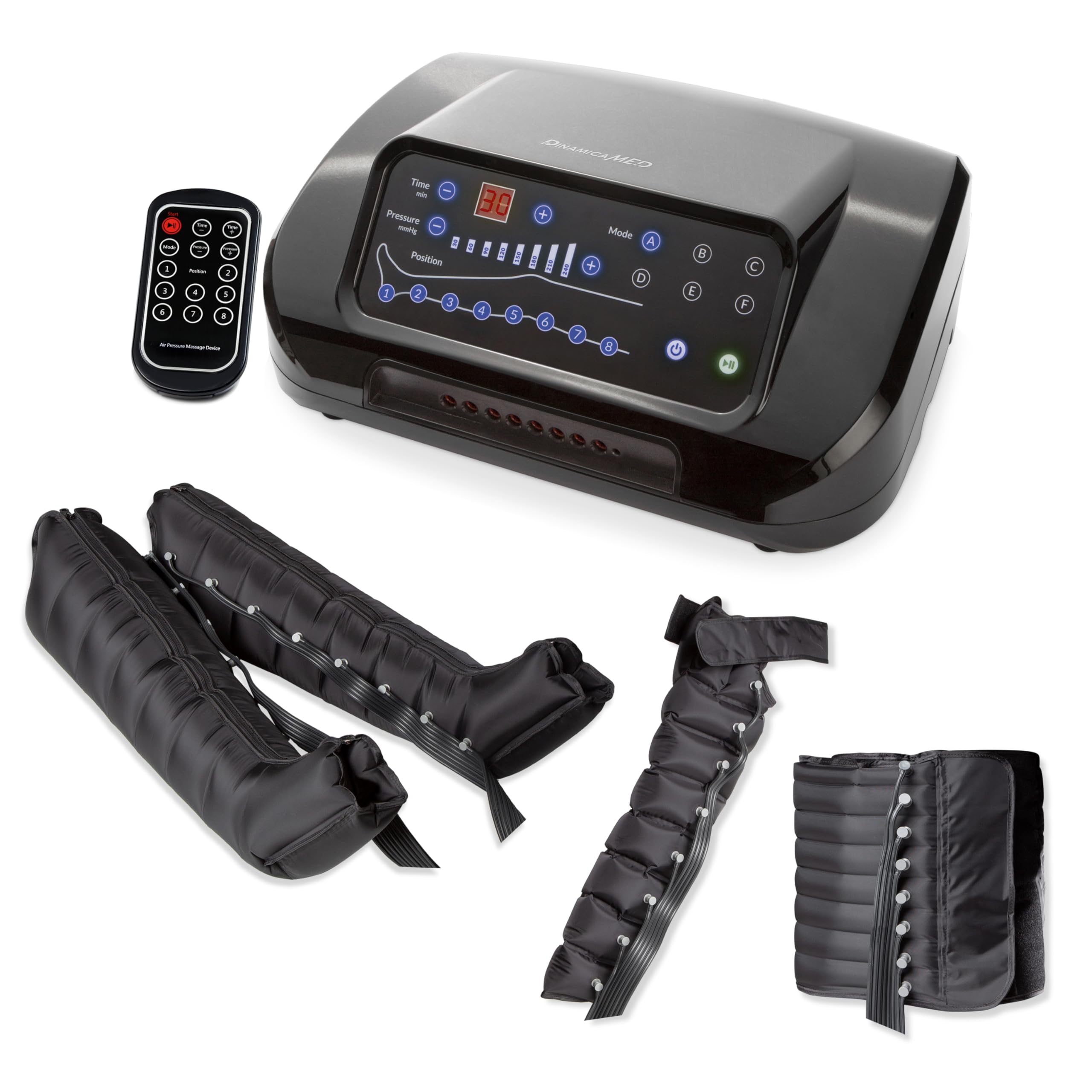Dinamicamed ® PRO 8.0 Pressoterapia Linfodrenaggio Professionale Digitale Classic, Pressoterapia per Casa con 6 Programmi, Massaggio Linfodrenante a 8 Camere con Gambali XL, Fascia Addome e Bracciale