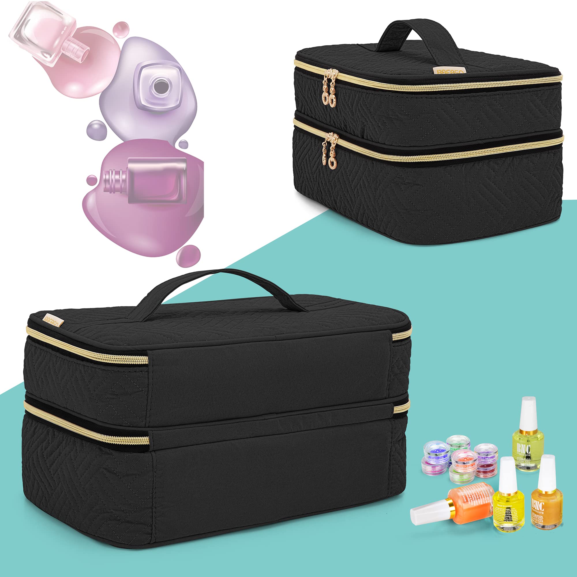 BAFASO Organizer do paznokci na 40 butelek (15 ml - 0,5 FL.oz), schowek na lakier do paznokci z sekcjami do przechowywania narzędzi do manicure, etui na lakier do paznokci, czarny, 30.5CM x 19CM x