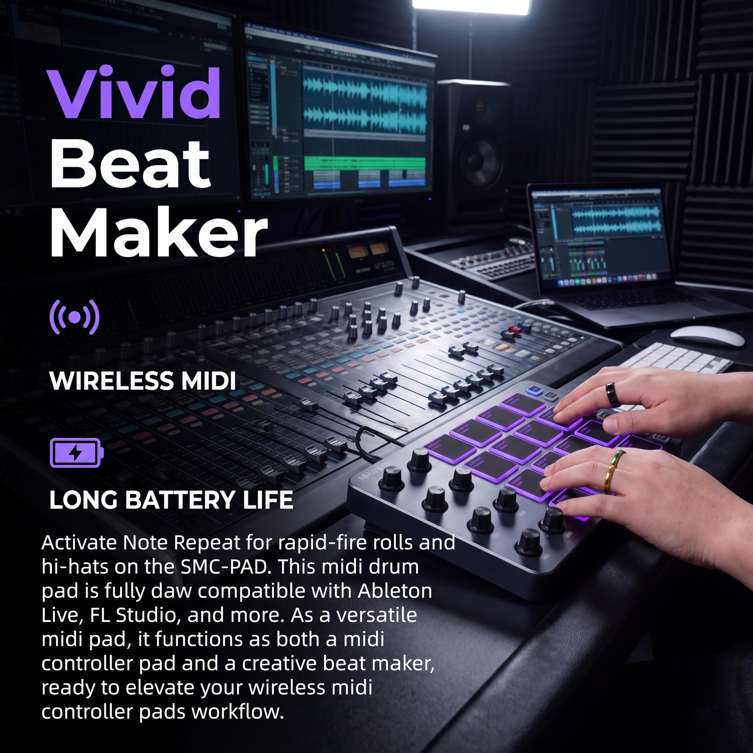 M-VAVE SMC-PAD Controlador MIDI, almohadillas MIDI portátiles inalámbricas Bluetooth con almohadillas sensibles a la velocidad, Beat Maker, cable de audio blanco de 6.35 mm (gris)