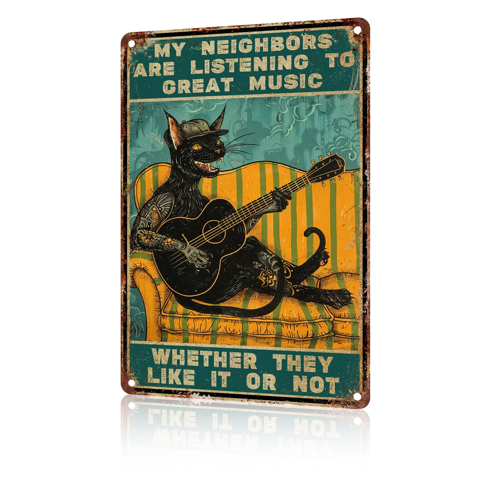 Anceky Funny Cat Decor Black Cat Guitar My Neighbors Are Listening To Great Music Vintage Metal Signs Animal Tin Sign for Home Outdoor Wall Decor 12×16 Inch