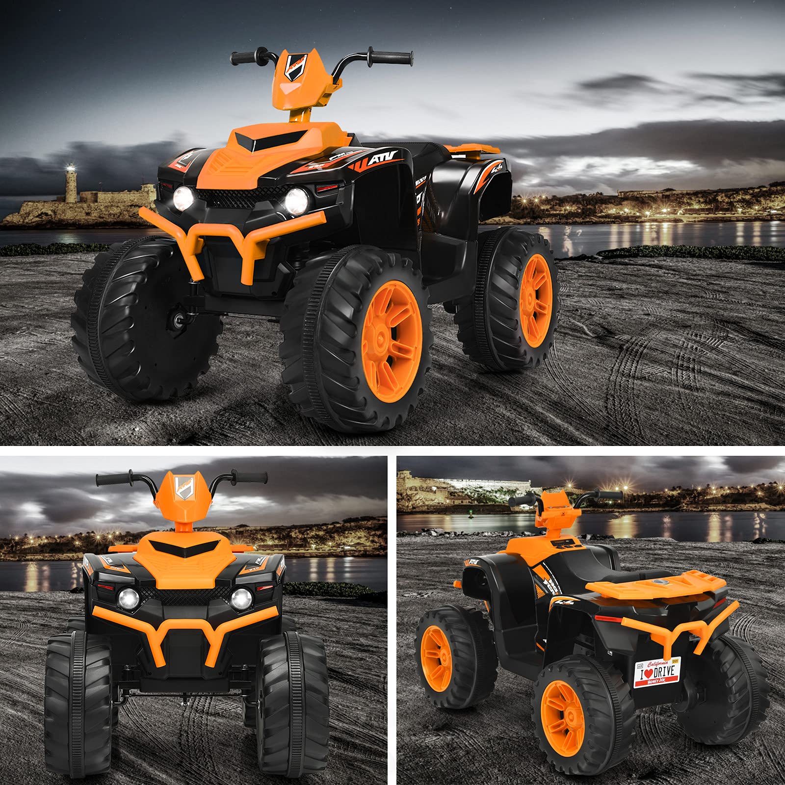GOPLUS Voiture Quad Buggy Électrique pour Enfant 12V avec 2 Vitesses 2,8-5 km/h, Quad Électrique avec Phare, Klaxon, MP3 et USB, Démarrage Lent, pour Enfants de 3-7 Ans, 104X67X74CM (Orange)