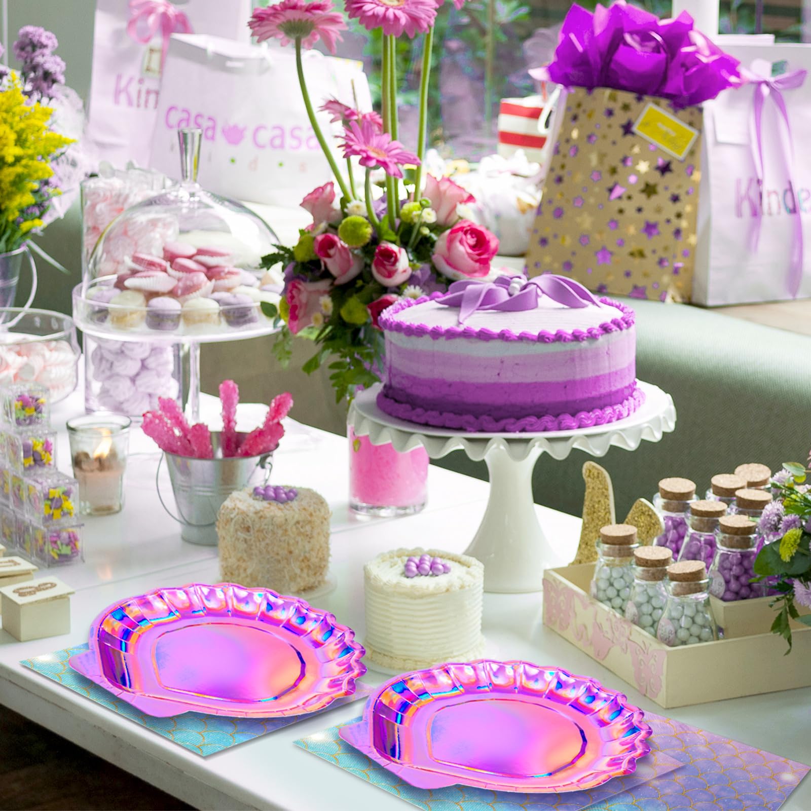 Gersoniel Juego de 40 piezas de suministros de fiesta de sirena morada, 20 platos de concha de almeja y 20 servilletas de escamas de sirena, decoraciones de fiesta, platos de papel desechables y