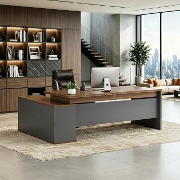 78.84" L-Shaped Executive Desk with Storage Cabinet & Open Shelves, Modern Large Office Desk Computer Workstation for Office Home Business, Walnut & Gray
