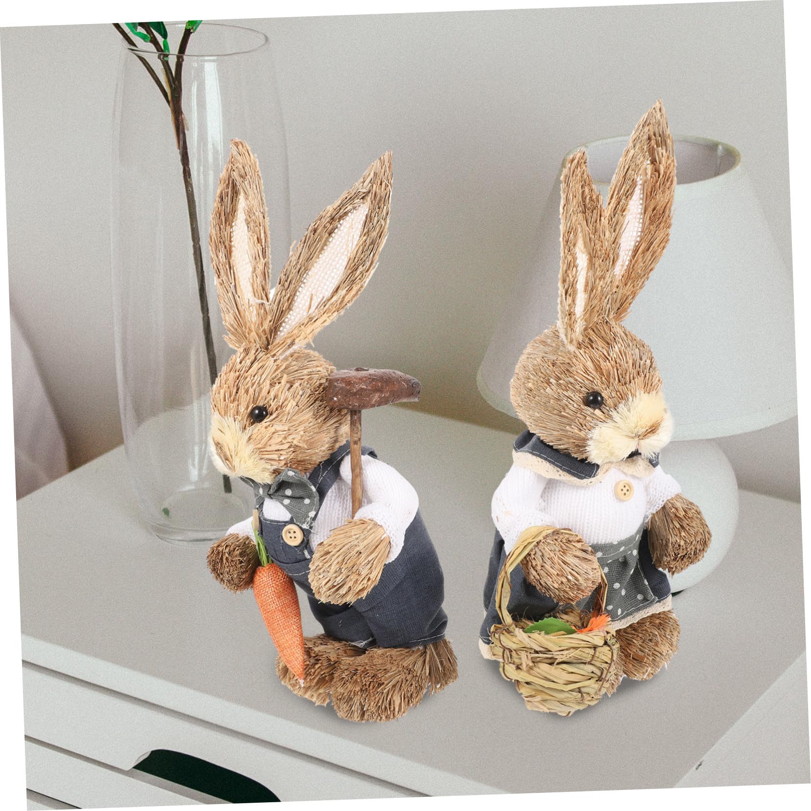 Handgewebte Hasenfiguren 35cm 2 Stück aus Stroh und Baumwolle Dekorativ und Fein Gearbeitet für Zuhause und Gartendekoration
