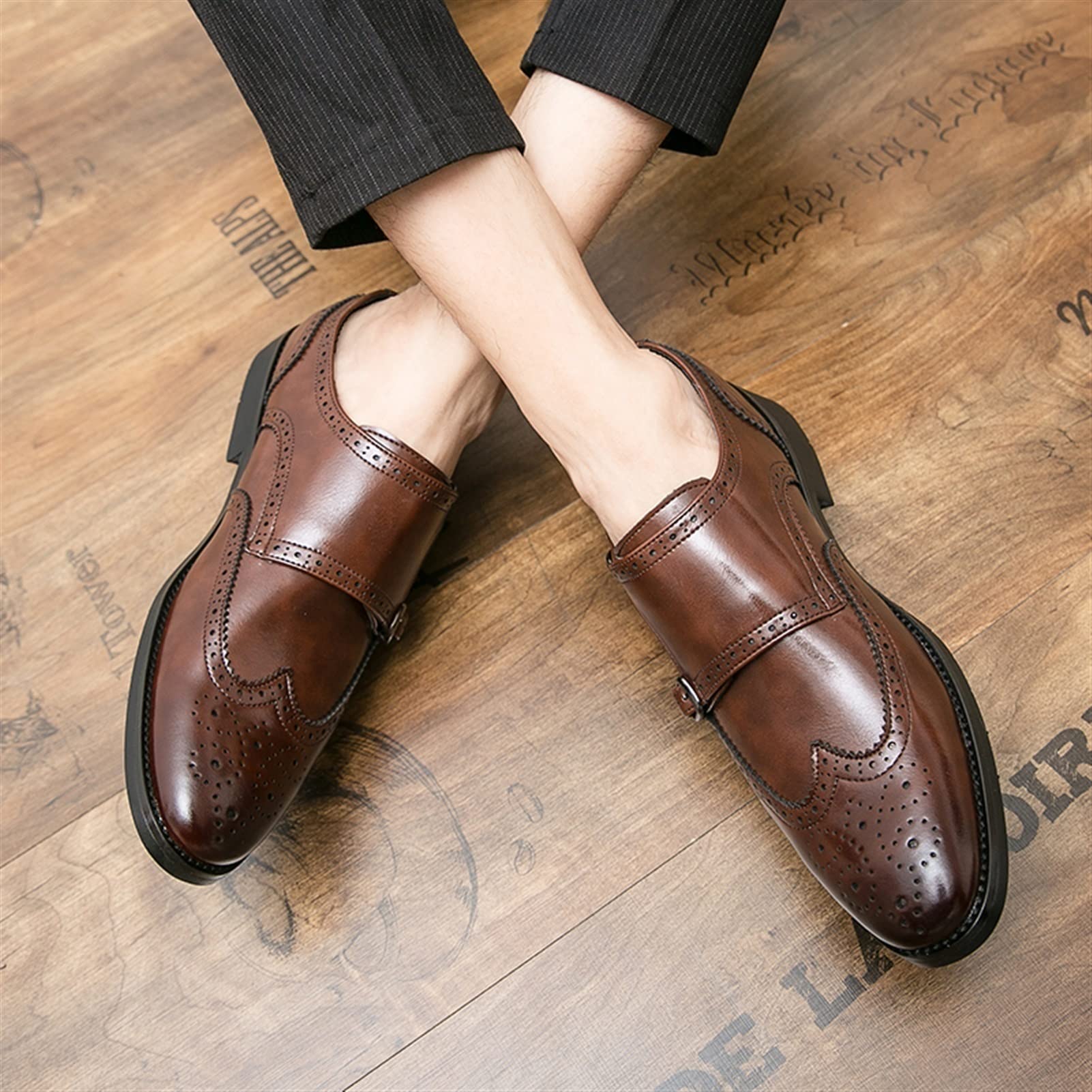 MCMUS Zapatos Oxford for Hombre Slip On Double Monk Strap Brogue Punta de ala en Relieve Faux Leather Block Heel Anti-Slip Suela de Goma Low Top Casual Adecuado para Muchas Ocasiones