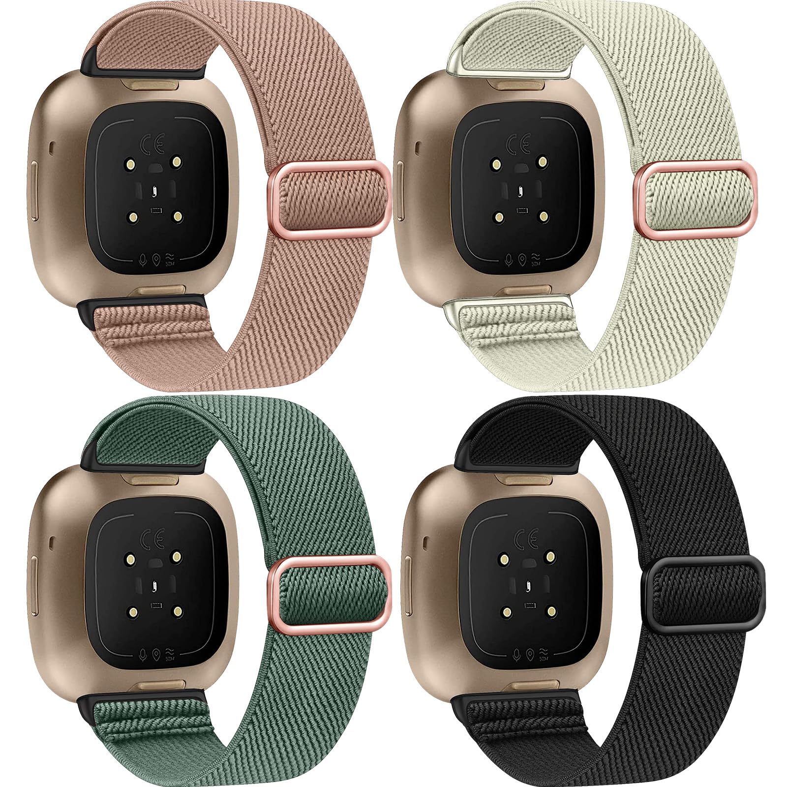 Zspoly 4 Stück Stretch Nylon Armbänder, Kompatibel mit Fitbit Versa 4/Fitbit Versa 3 Armbänder/Fitbit Sense 2/Fitbit Sense Armbänder, Einstellbare Weiche Woven Übung Armbänder für Männer und Frauen
