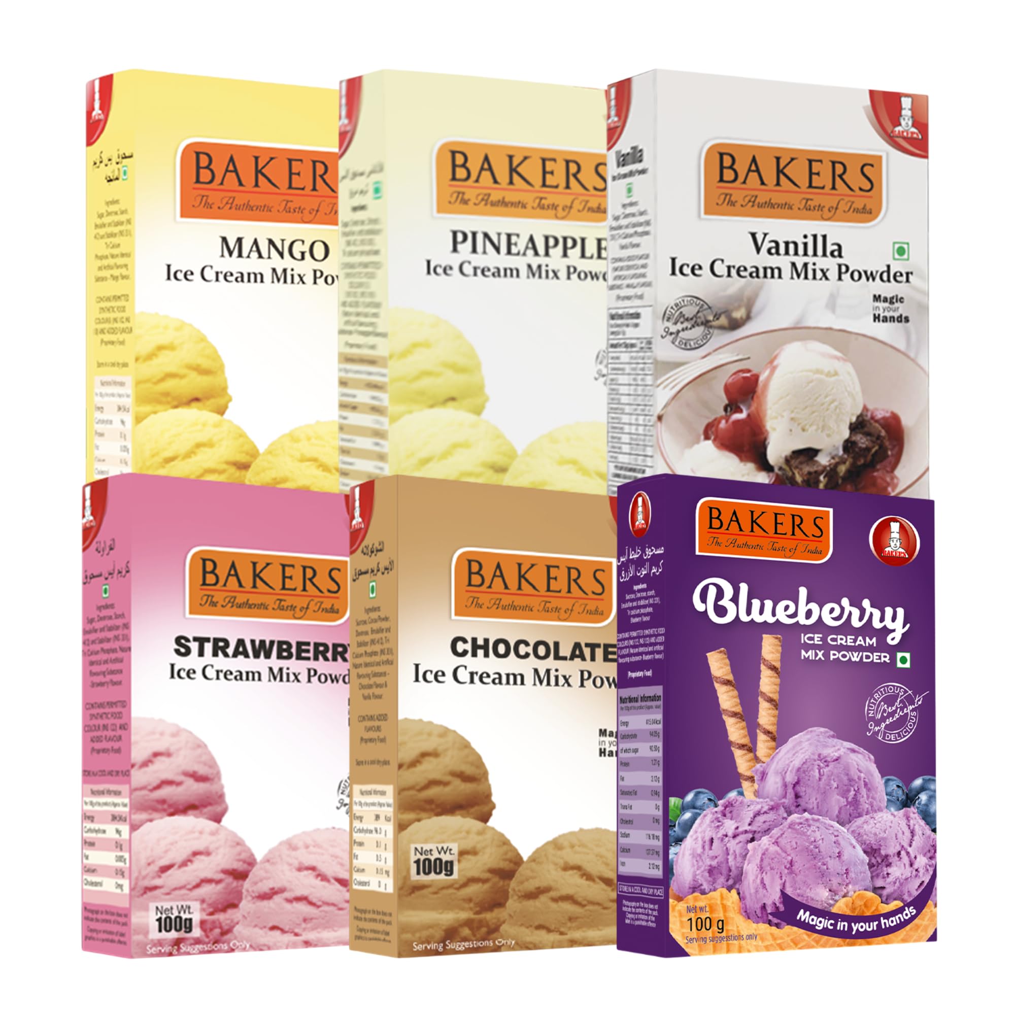 Bakers Kids Ice Cream Powder Combo (6 x 100g) - Strawberry, Chocolate, Blueberry, Mango, Pineapple & Vanilla | Fun & Colorful | Summer Special | Vegan-Friendly | Ready in 10 Mins | No Preservatives | Homemade Ice Cream Mix-image-1