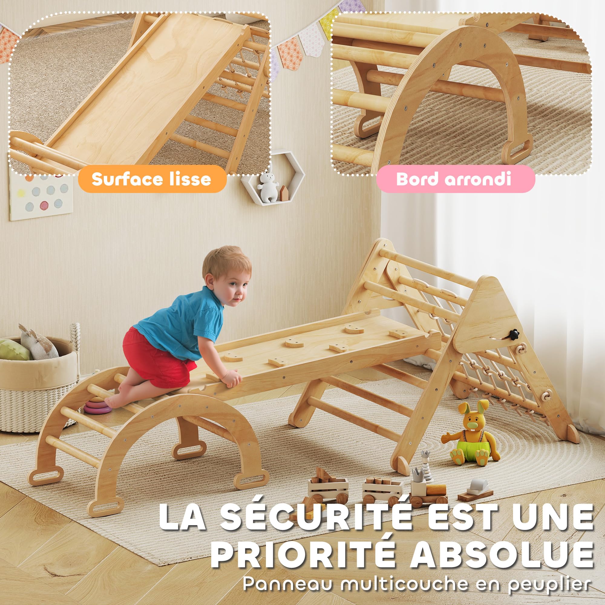 AIYAPLAY 8 en 1 triángulo de Escalada para niños con rampa Doble Cara, Arco de Escalada de Madera álamo con tobogán y Escalera, Carga 50 kg para deslizarse o Escalar bebé de 18 a 48 Meses, Natural