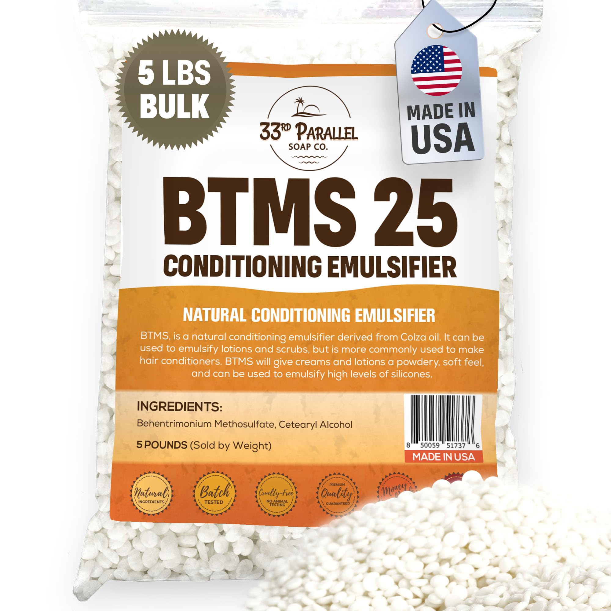 33RD PARALLEL | BTMS 25 (5 lbs / 80 oz) Bulk Conditioning Emulsifier | Behentrimonium Methosulfate Cetearyl Alcohol Emulsifying Conditioner | (5