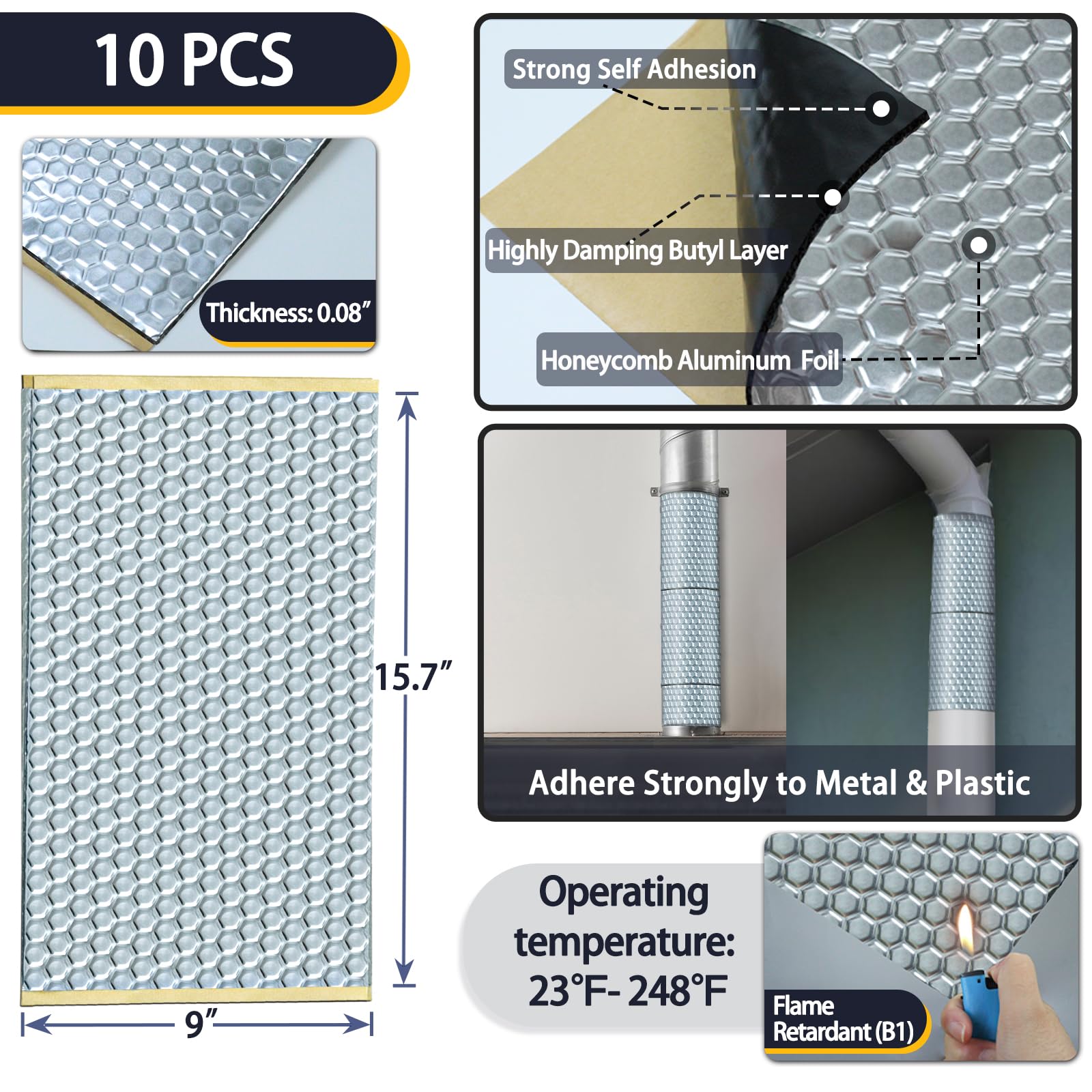 TroyStudio Alfombrilla amortiguadora de vibraciones, 10 piezas de 15.7 x 9 x 0.08 pulgadas, hojas autoadhesivas de amortiguación de sonido, paneles de amortiguación de ruido de papel de aluminio para