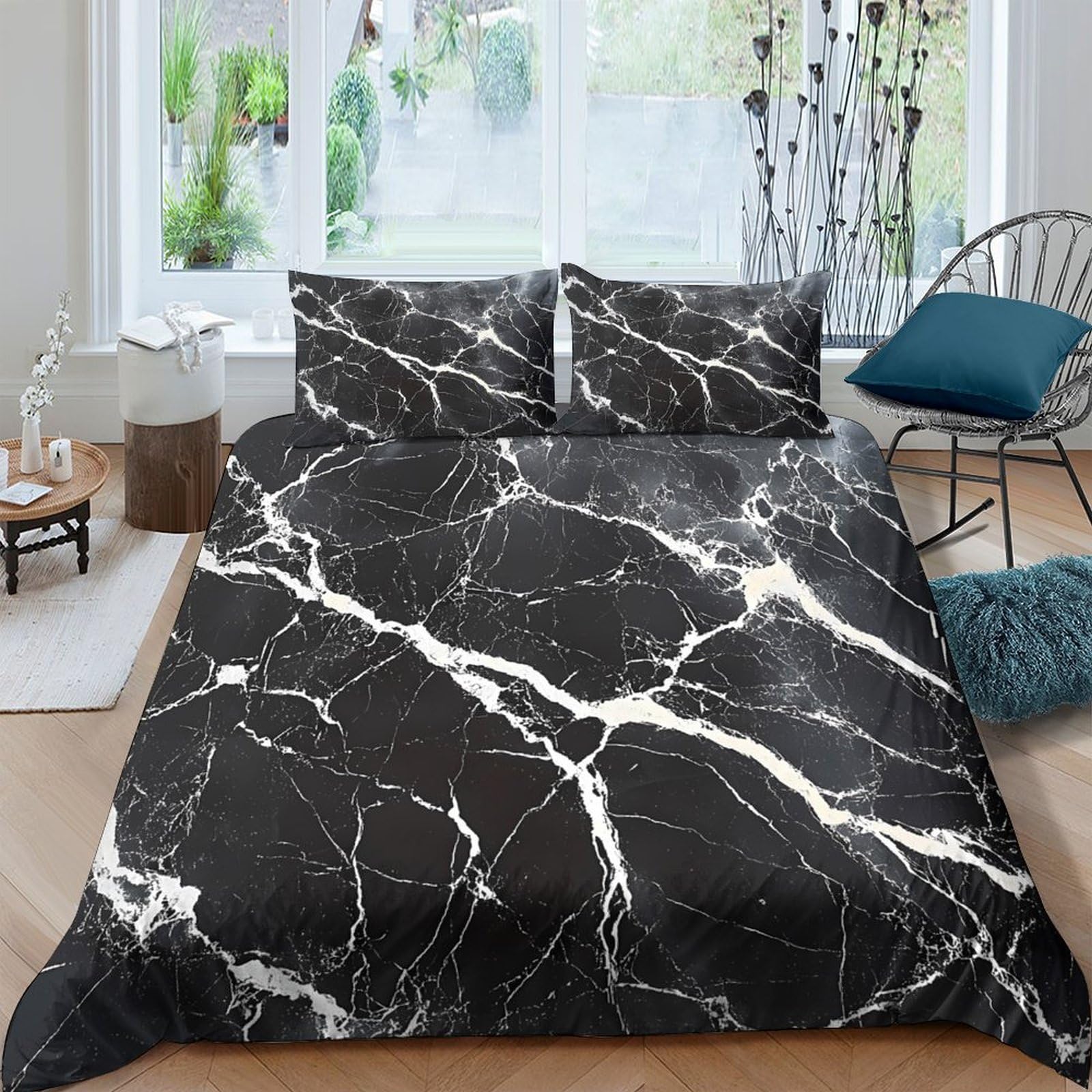 TUFRTGYHN 3D Printed Black Marble Duvet Cover Set Microfiber Soft Breathable White Vein Bedding with 2 Pillowcases for Bedroom Single（135x200cm）