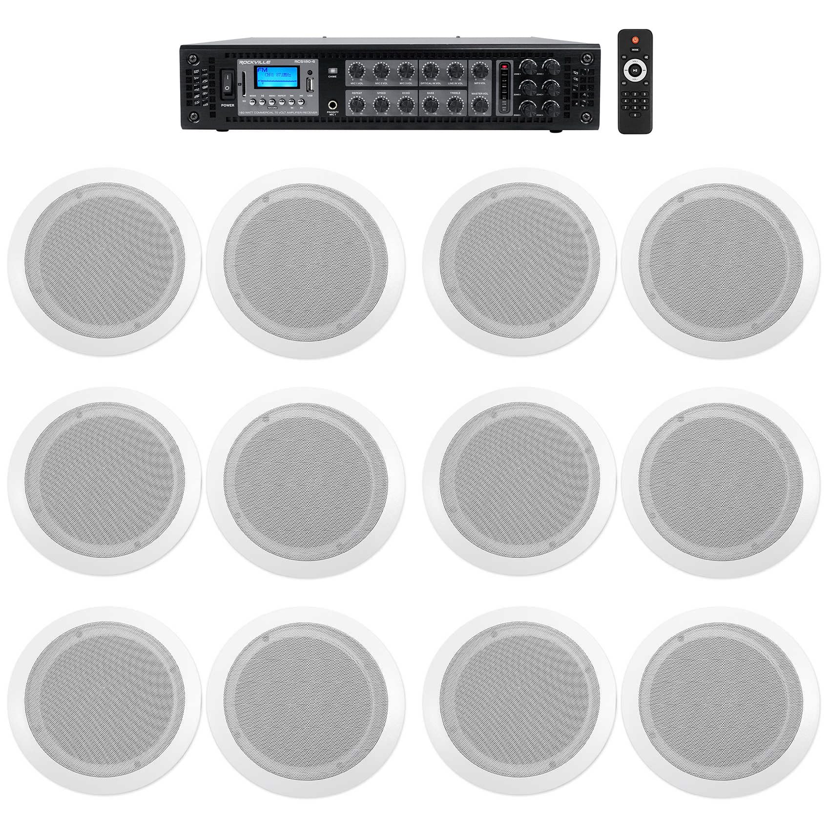 Rockville 6-Zone Home Audio System+12 White Ceiling Speakers Bedroom/Living Room/Bathroom