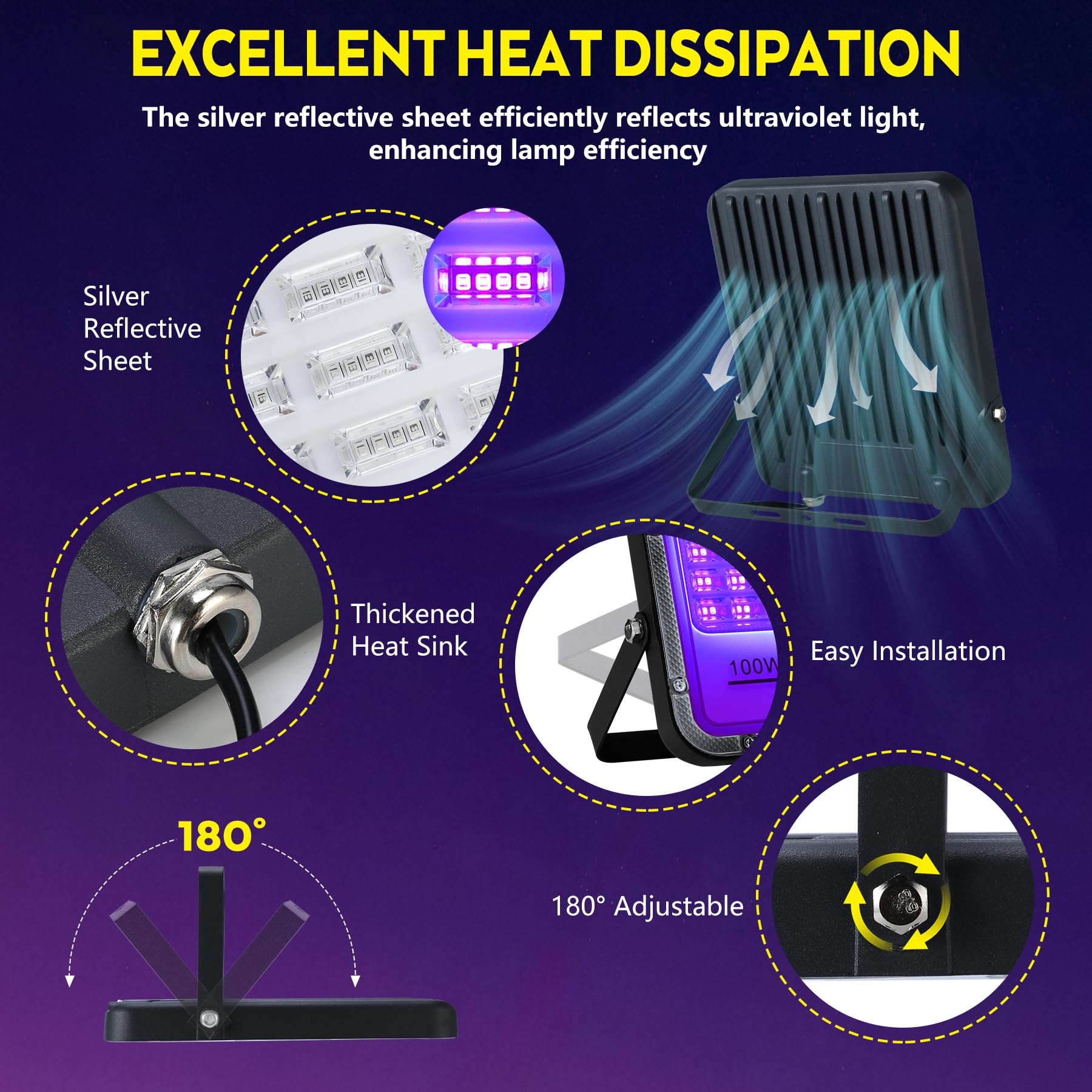 VAYALT 2 Pcs 100W UV Lumière Noire, IP65 Étanche, 395nm Lumière Noire Ultraviolet, pour Soiree Fluo Party, Body Painting, Disco, Bar, Aquarium, Halloween, Éclairage de Scène