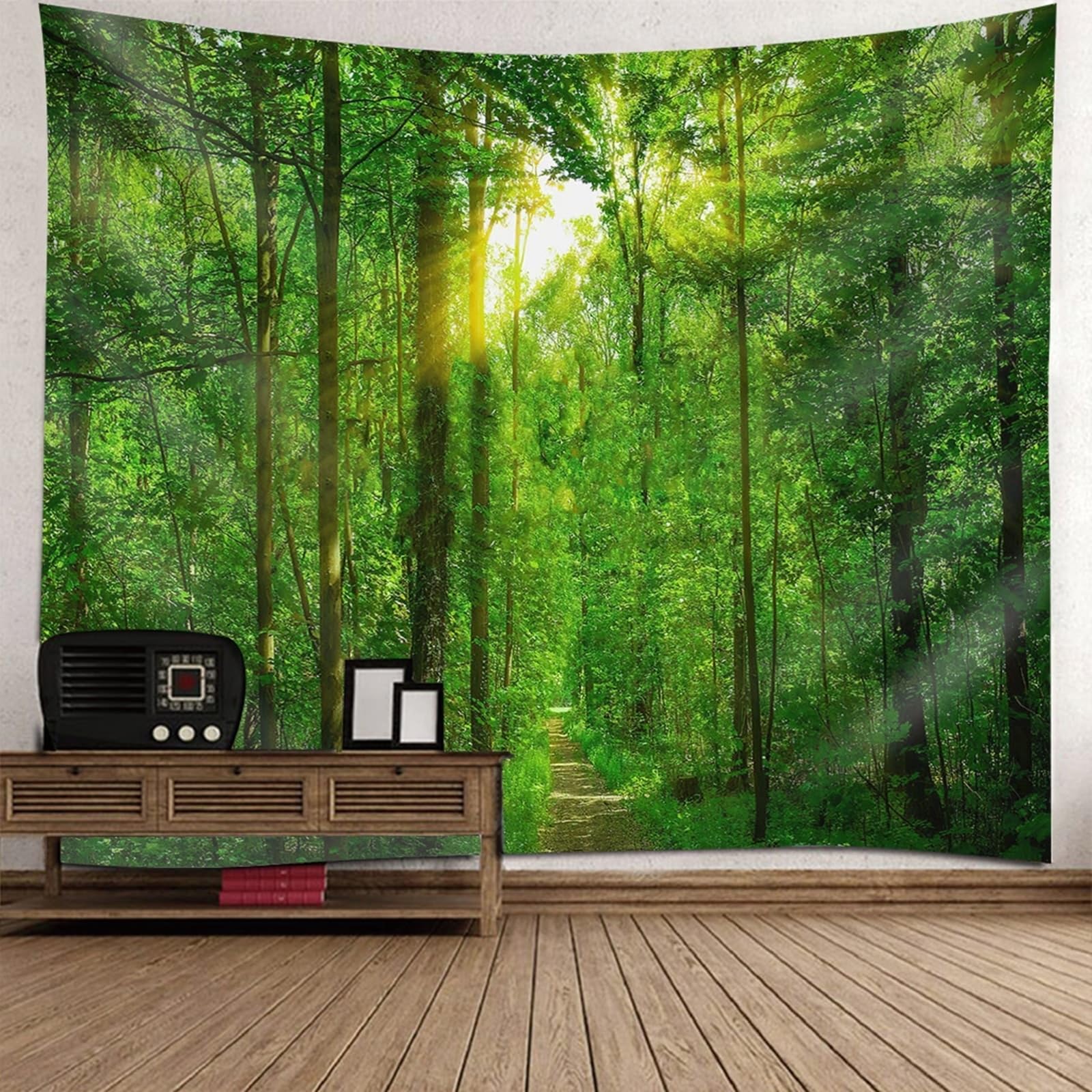 Skcess Wandbehang Natur 260x240cm, Polyester Tapisserie Grün Braun Sonnenschein, Wald und Pfad Wandteppich