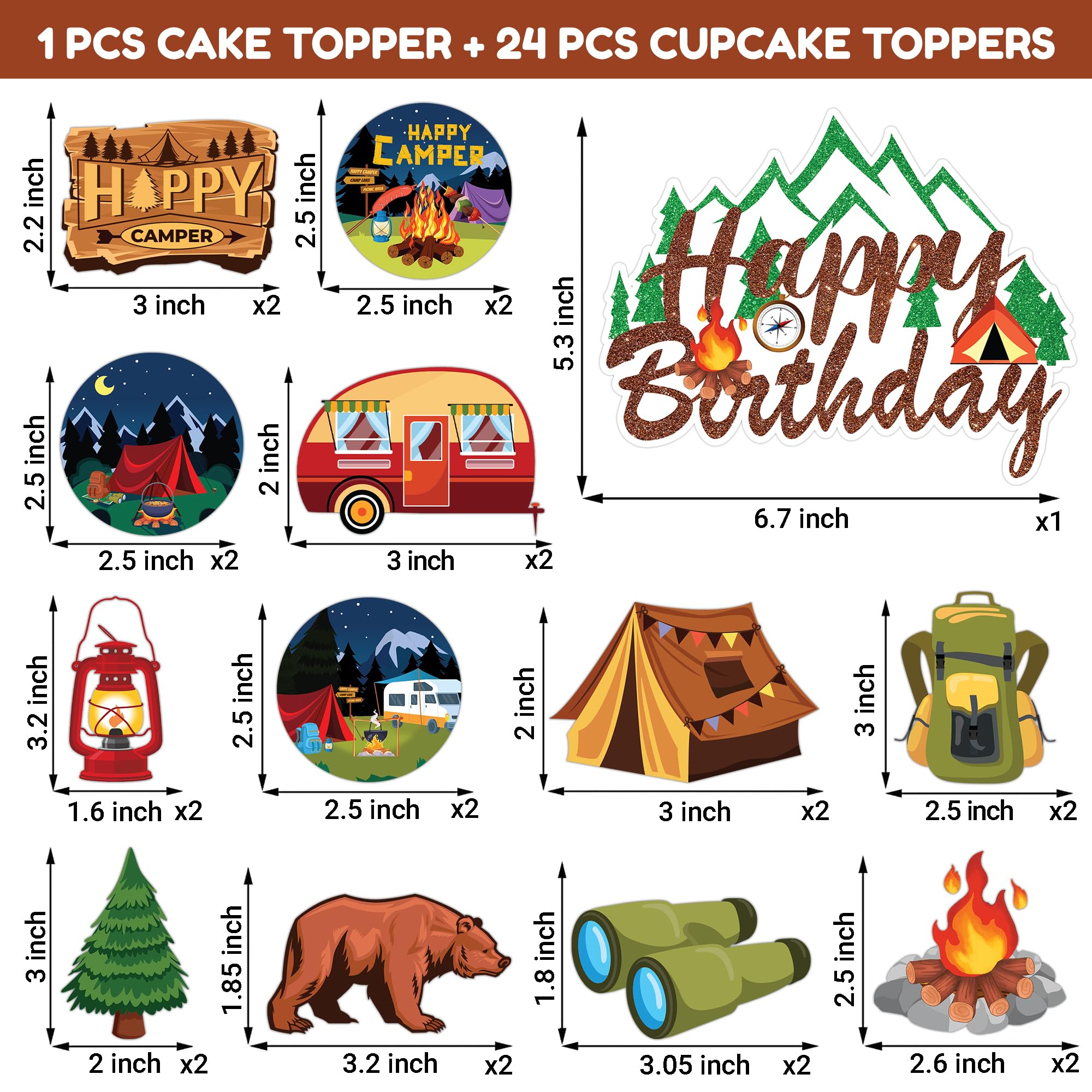 Camping Cake Topper Picks, 25 PCS Camp Cupcake Toppers Cake Decorations Camp Woodland Outdoor First 1st Themed Birthday Party Supplies Favors Decor Centerpiece Table for Boys Girls Carnival Rewards
