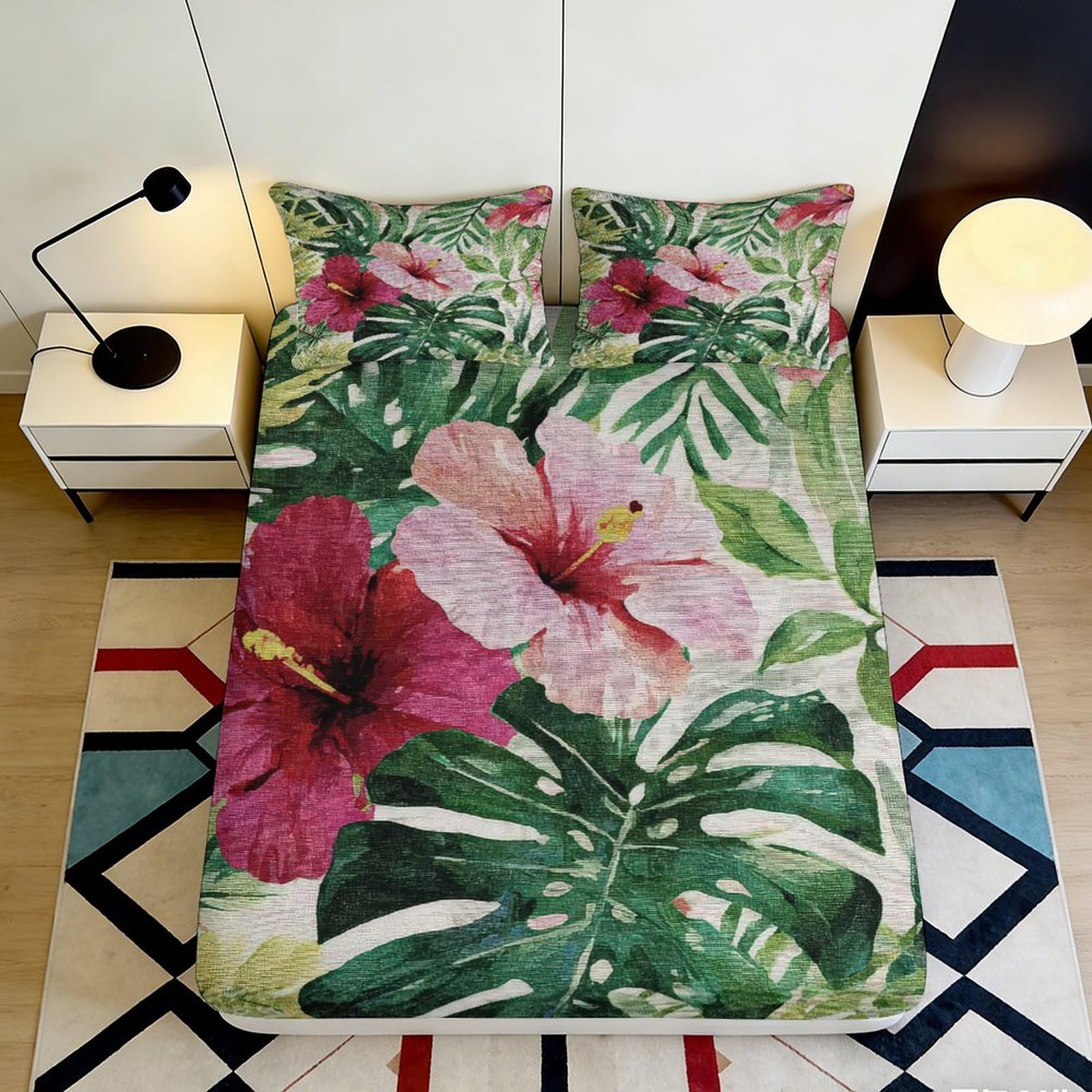 Dhbaneiok Style-10 3D Printed Tropical Hibiscus Fitted Sheet Microfiber Soft Anti-Slip Monstera Bed Cover For Bedroom Guest Room Decor 90X200x25cm