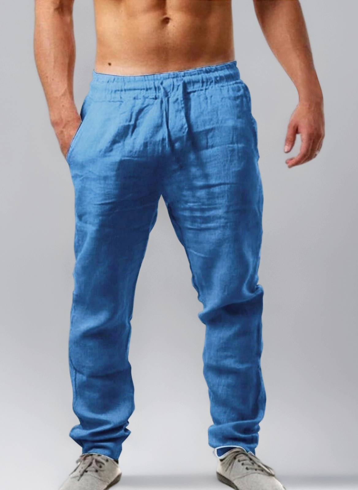 Mens Linen Trousers Cotton Jogging Bottoms | Elastic Beach Pants Comfortable Lightweight Pants | Loose Fit Drawstring Trousers Casual Yoga Pants | Baggy Pants with Pockets Straight