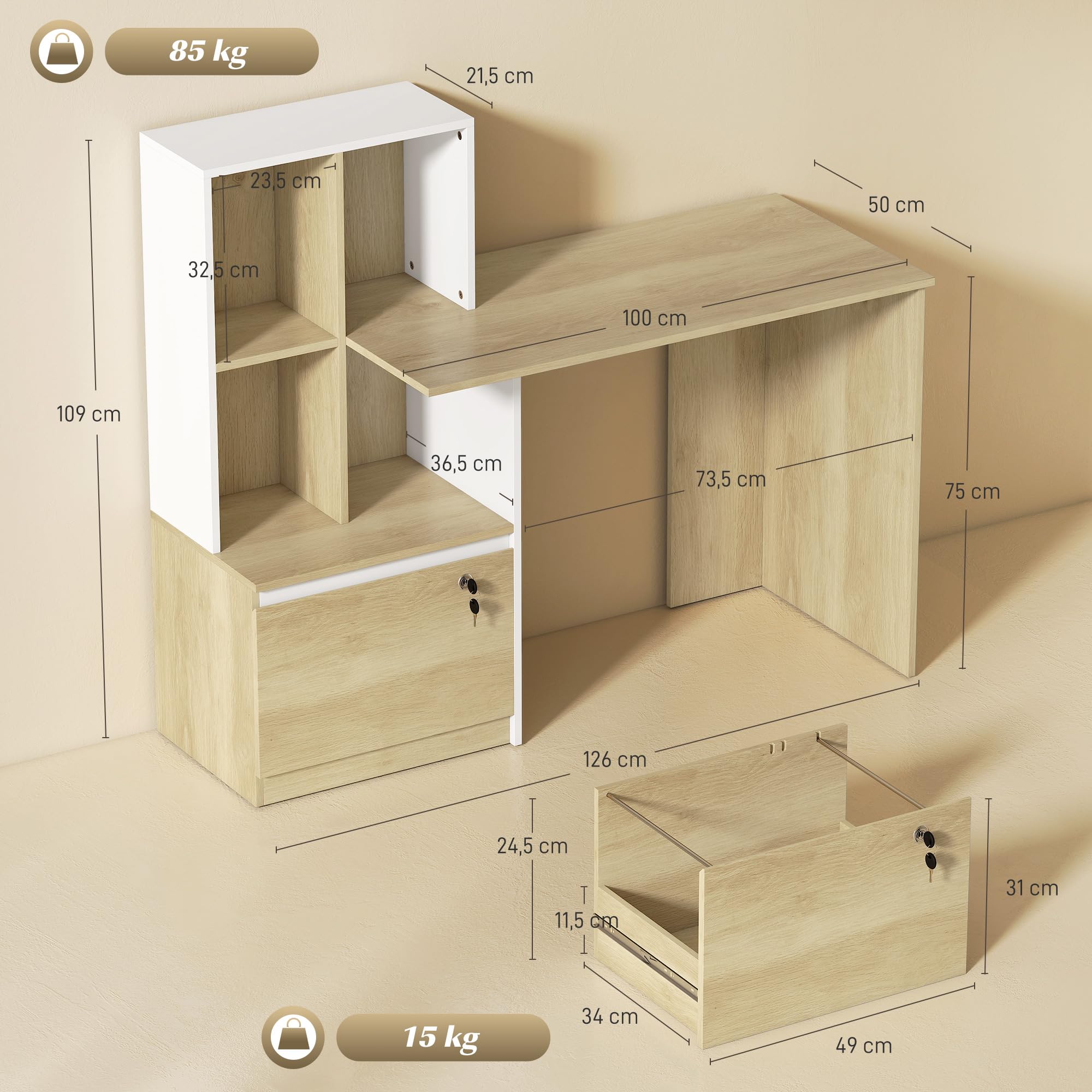 HOMCOM Bureau d'Ordinateur avec Bibliothèque, 4 Compartiments et Tiroir Verrouillable à Dossiers, Patins Anti-Collision, Table Informatique pour Chambre, Salle d'Étude, 126x50x109cm, Chêne et Blanc