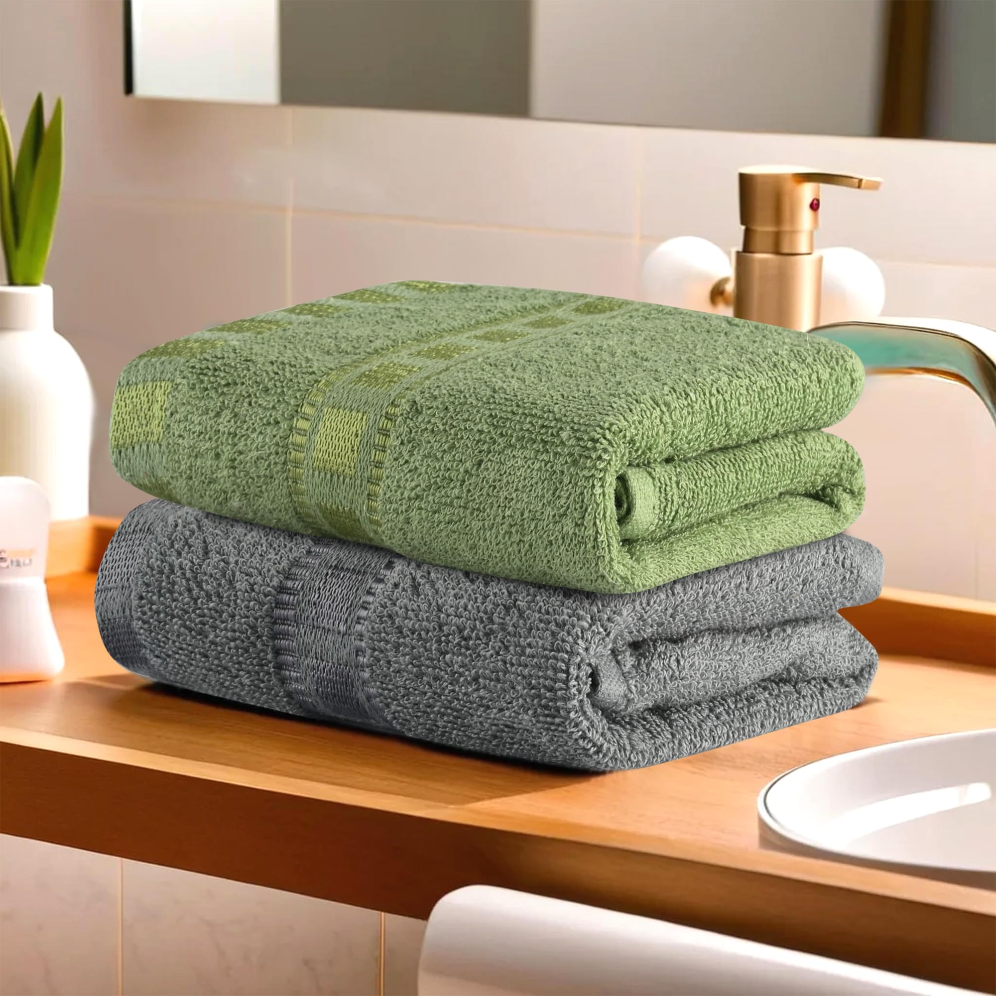 Urbane Home Pack of 2 Cotton Hand/Face Towels for Men & Women | Easily Washable | Workout Gym Napkins for Men | Pocket Towel - Grey & Green-image-44